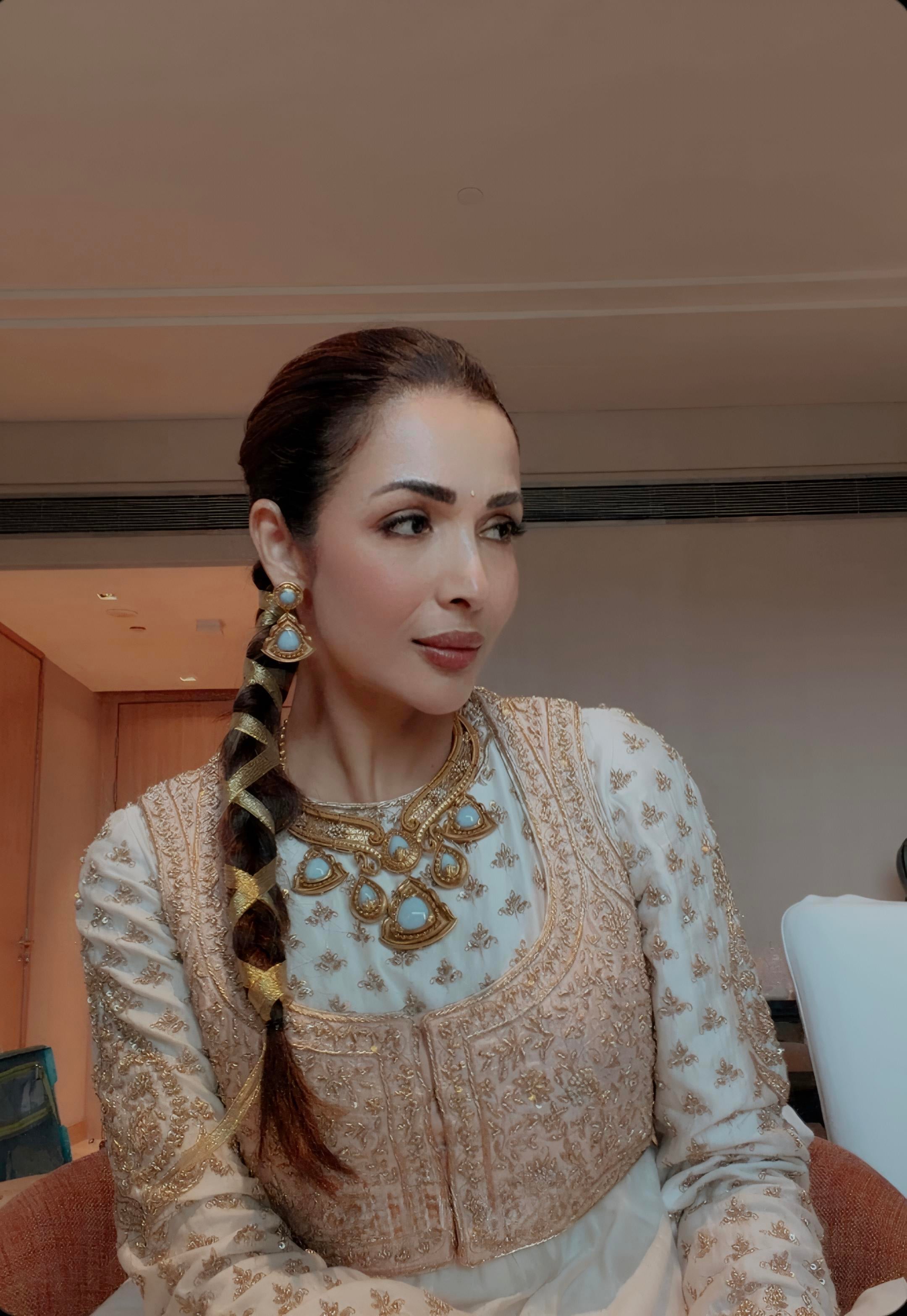 Malaika Arora In Noor - Dabka Zardozi Embroidered Chanderi Silk Daisy Ivory Anarkali Set