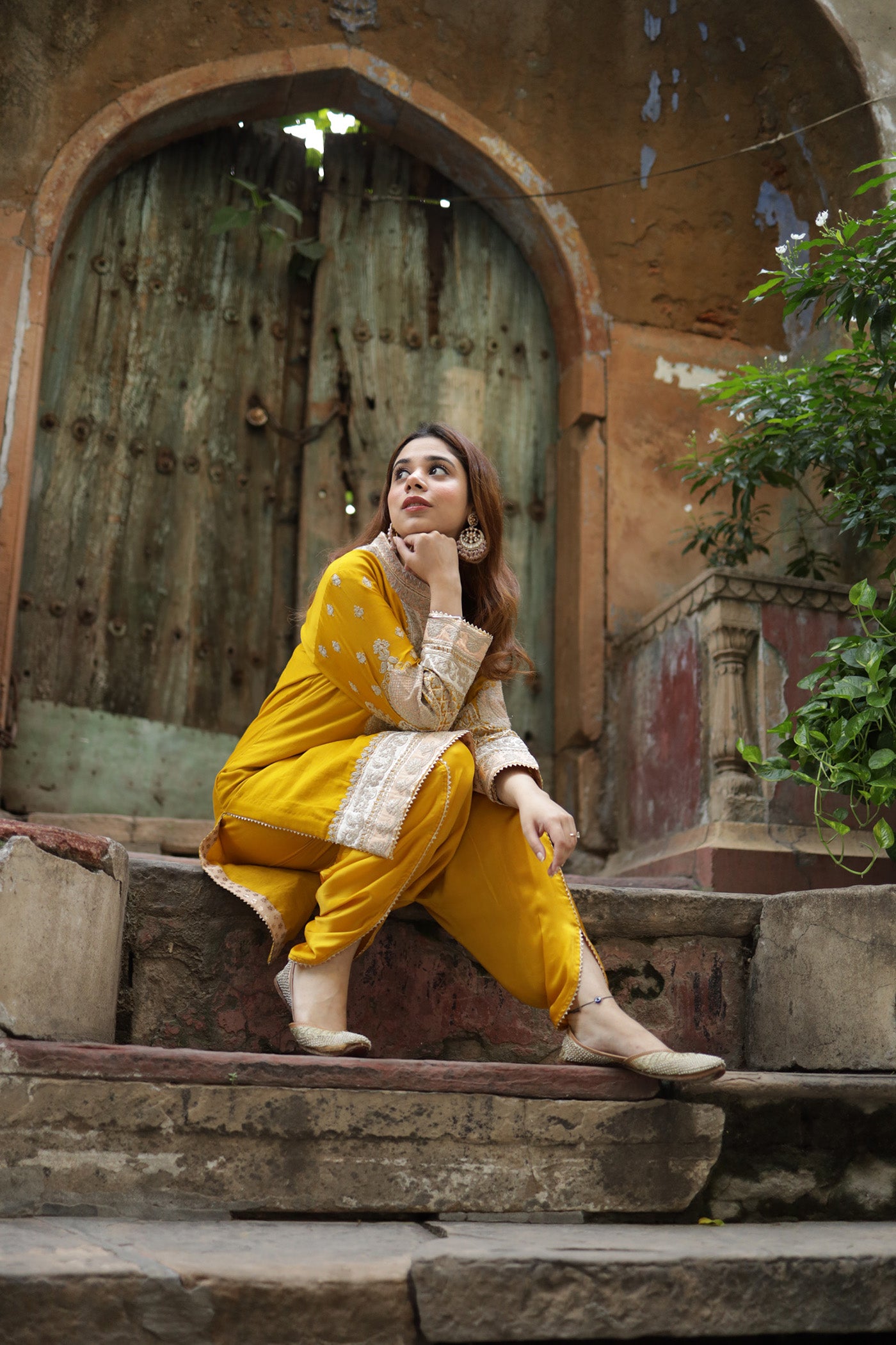 MYREEN - GLAZE MUSTARD KURTA WITH DHOTI