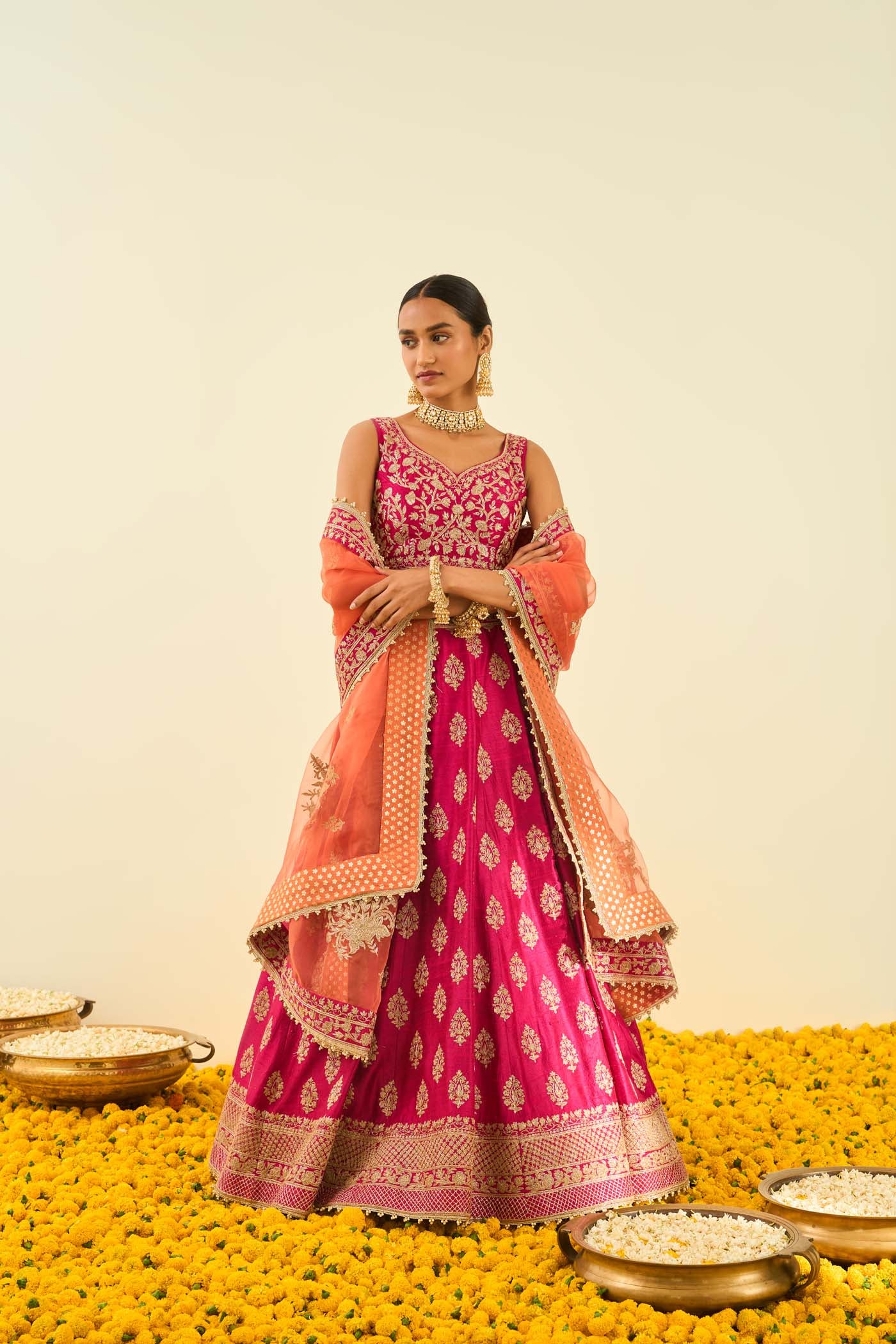 Masiah Hotpink Kashmiri tilla lehenga with blouse and dupatta