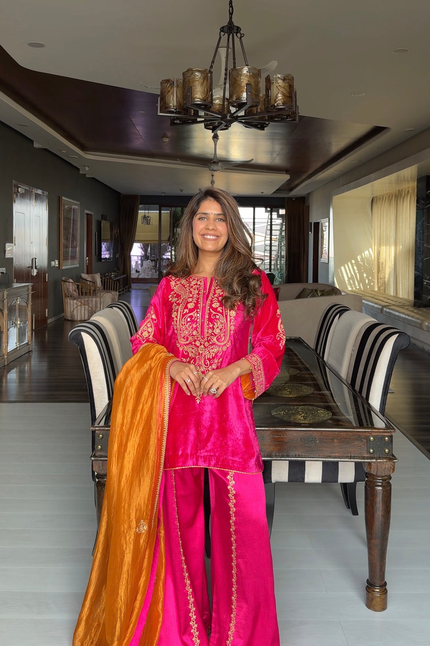 Mehel Kejriwal In Aroob - Silk Velvet Rani Hotpink Kurta with Sharara and Dupatta