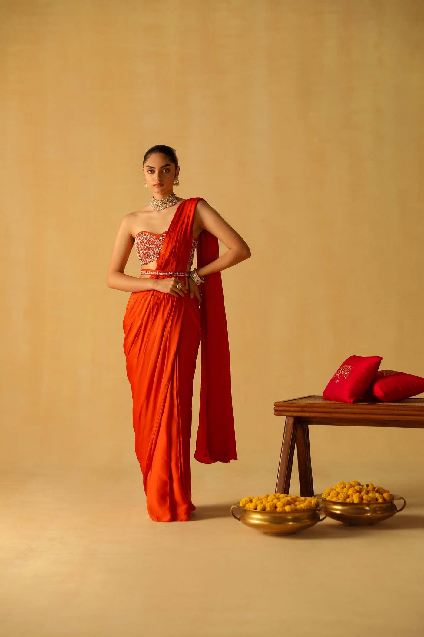 Khushnaz Turner In Rumaan - Burnt Orange Drape Saree Set