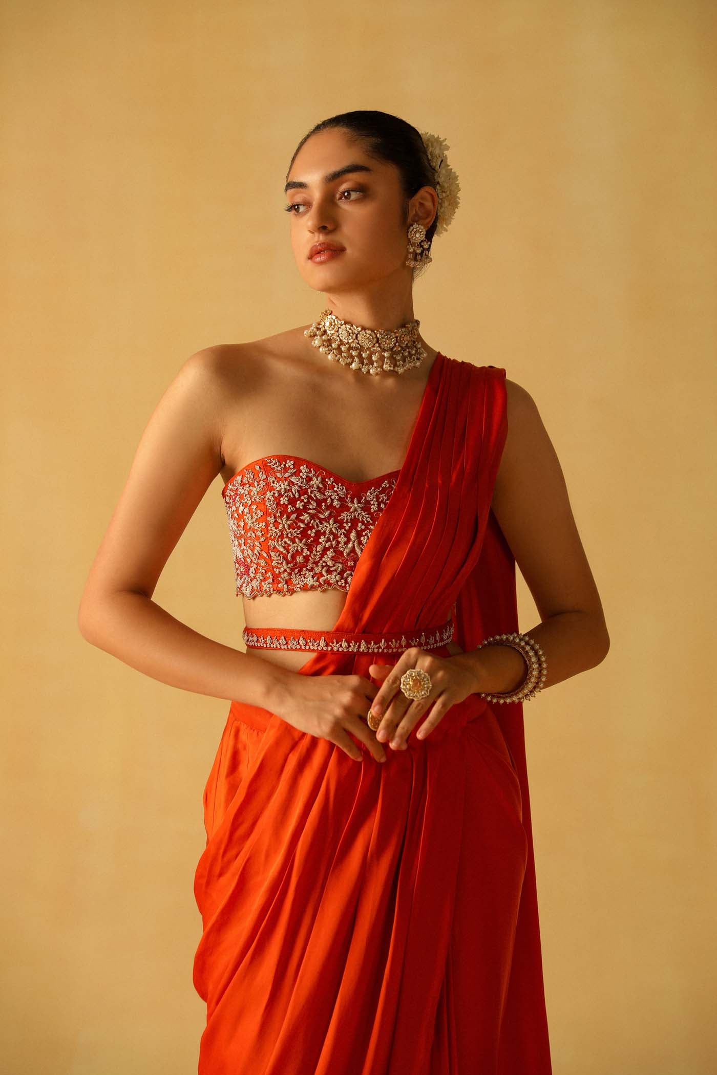 Khushnaz Turner In Rumaan - Burnt Orange Drape Saree Set