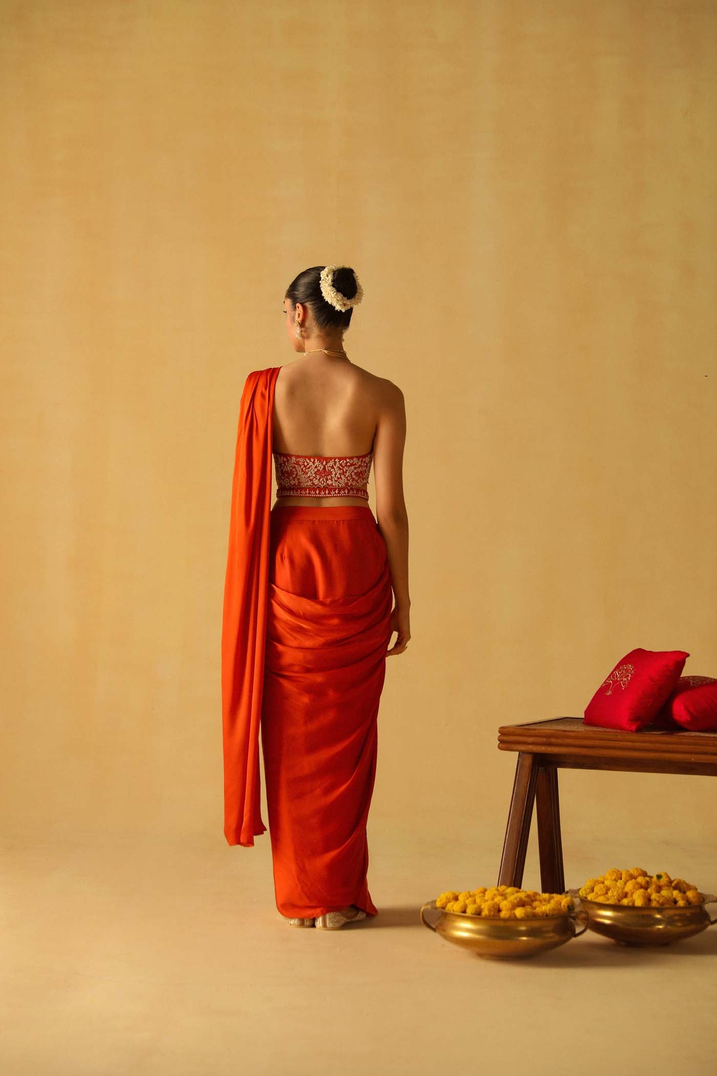 Khushnaz Turner In Rumaan - Burnt Orange Drape Saree Set