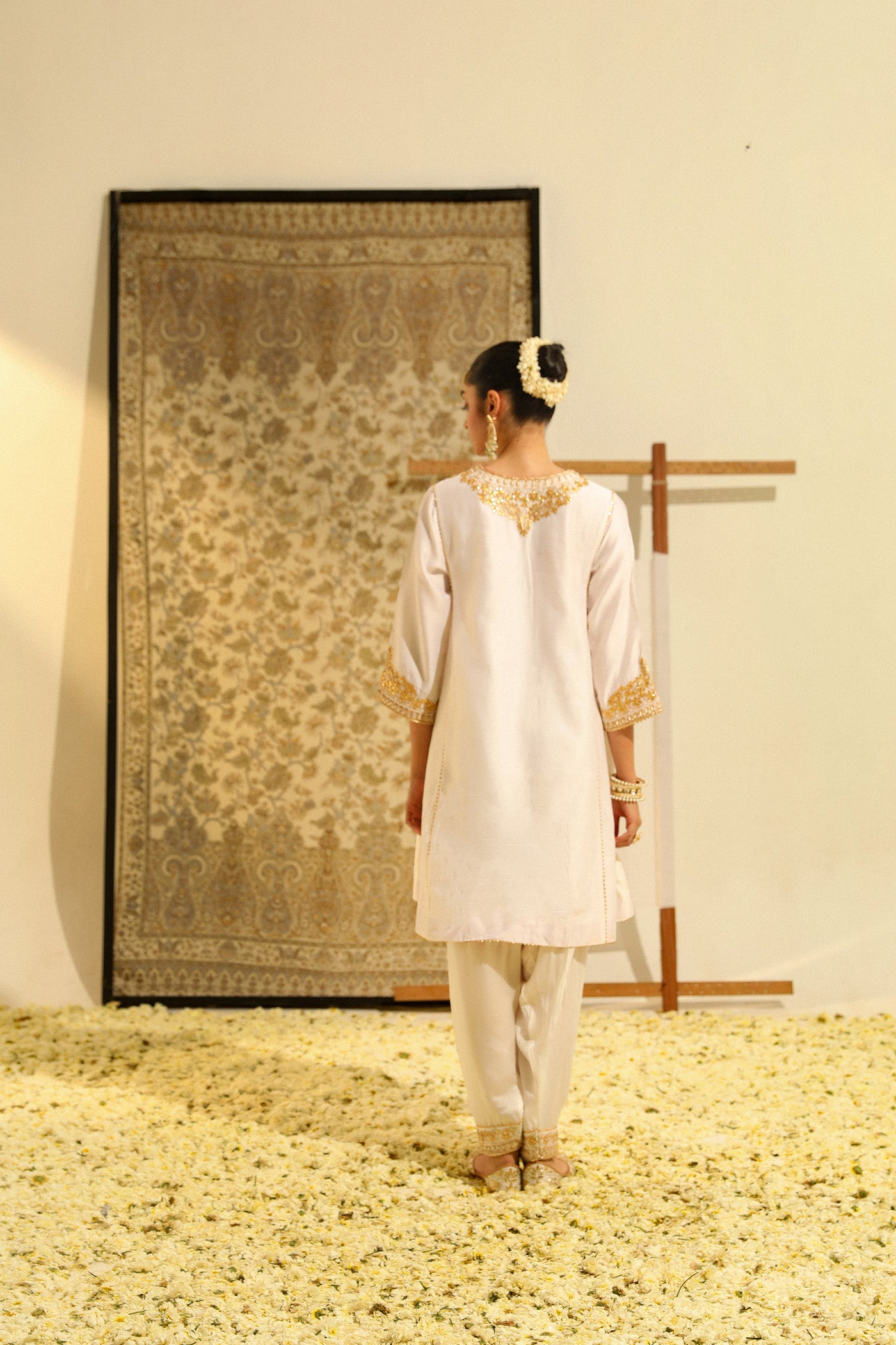 Shaheen - Daisy Ivory Hand Embroidered Short Choga with Salwar