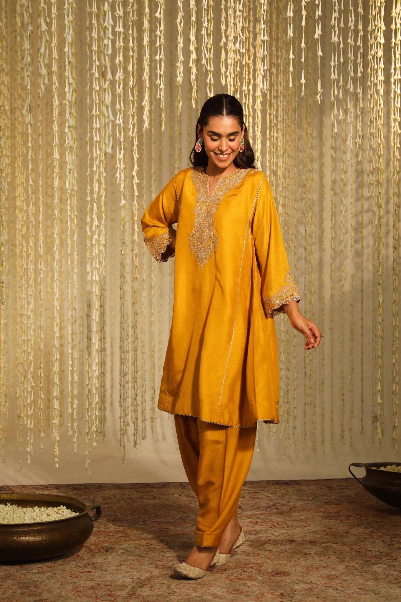 MEHNAAZ - GLAZE MUSTARD KALIDAAR SHORT KURTA WITH SALWAR