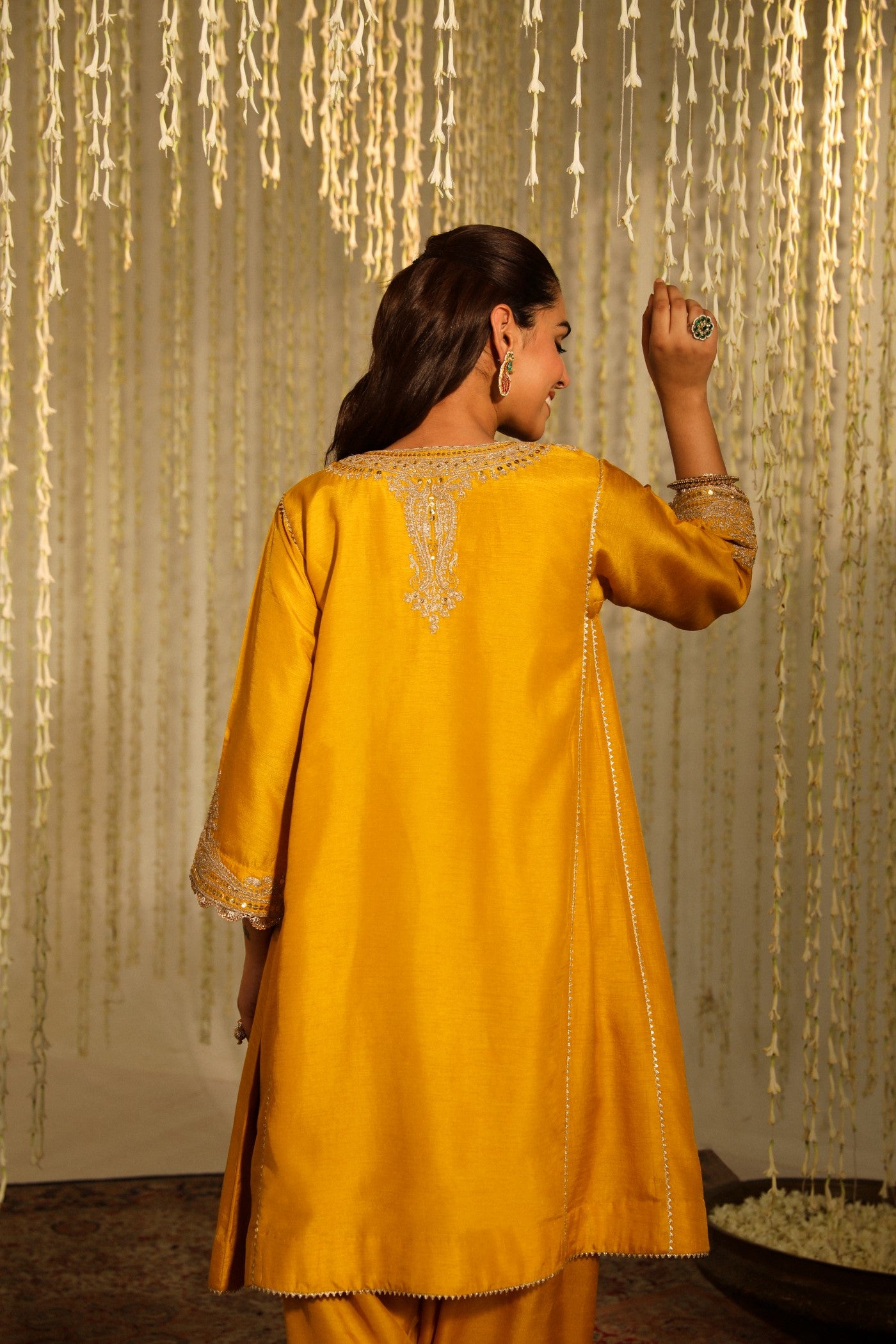 MEHNAAZ - GLAZE MUSTARD KALIDAAR SHORT KURTA WITH SALWAR