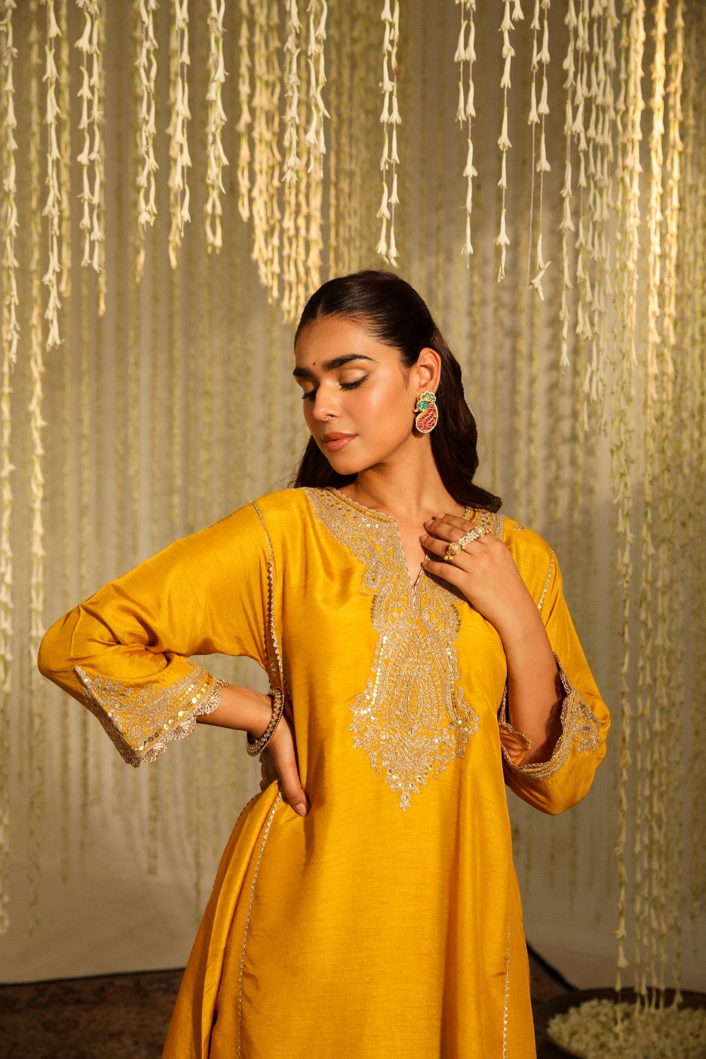 MEHNAAZ - GLAZE MUSTARD KALIDAAR SHORT KURTA WITH SALWAR