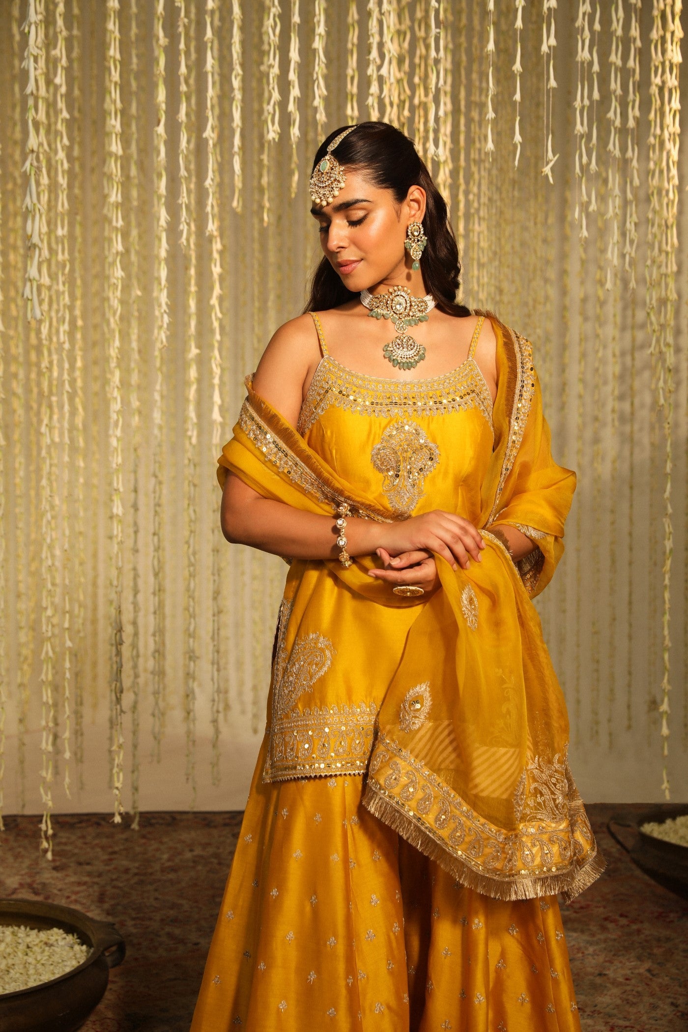 AABROO - GLAZE MUSTARD SHORT KURTA WITH SHARARA AND DUPATTA (LXRTS)