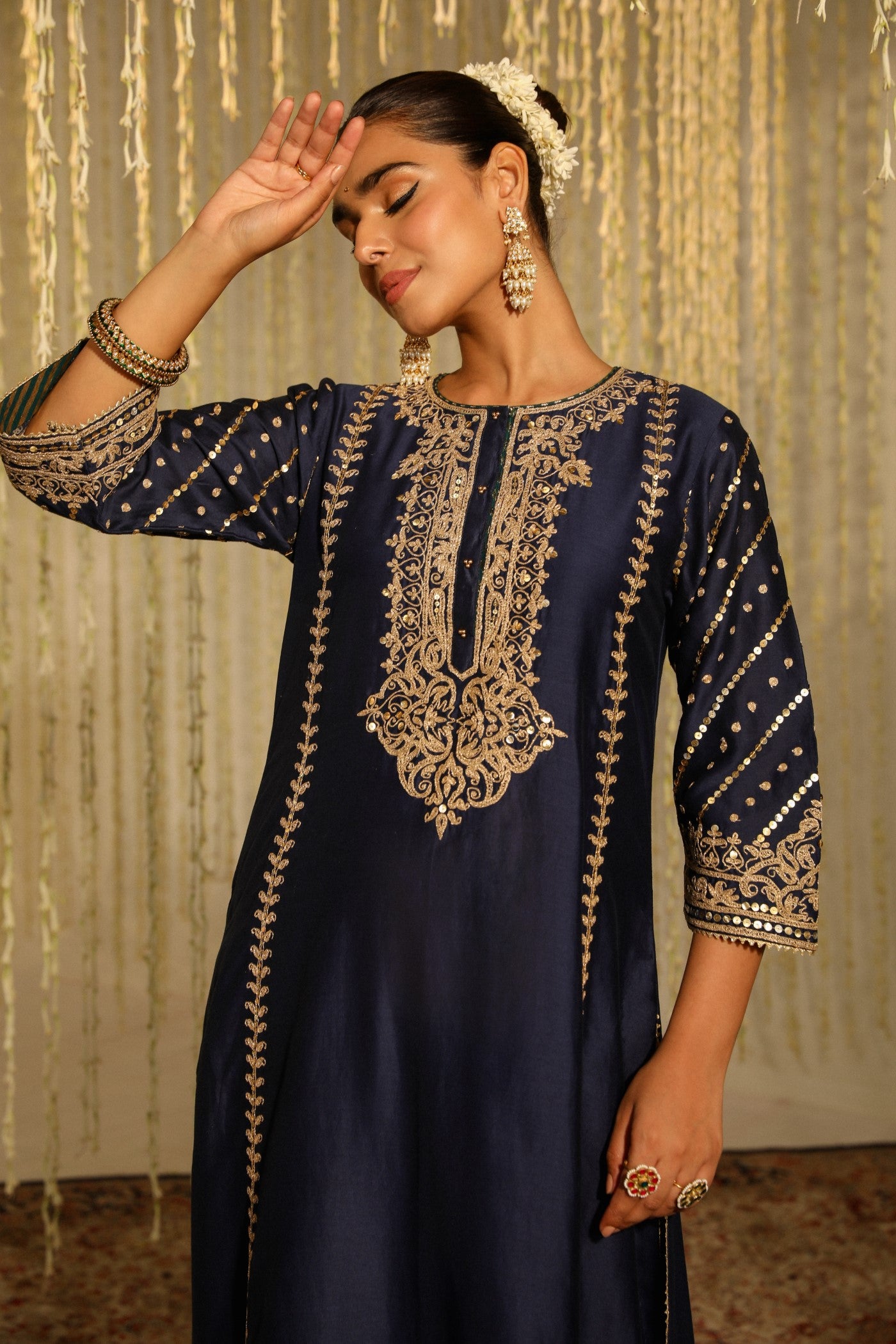 Anisha Sethi in Sabirah - Deep Blue Long Kurta With Palazzo And Dupatta
