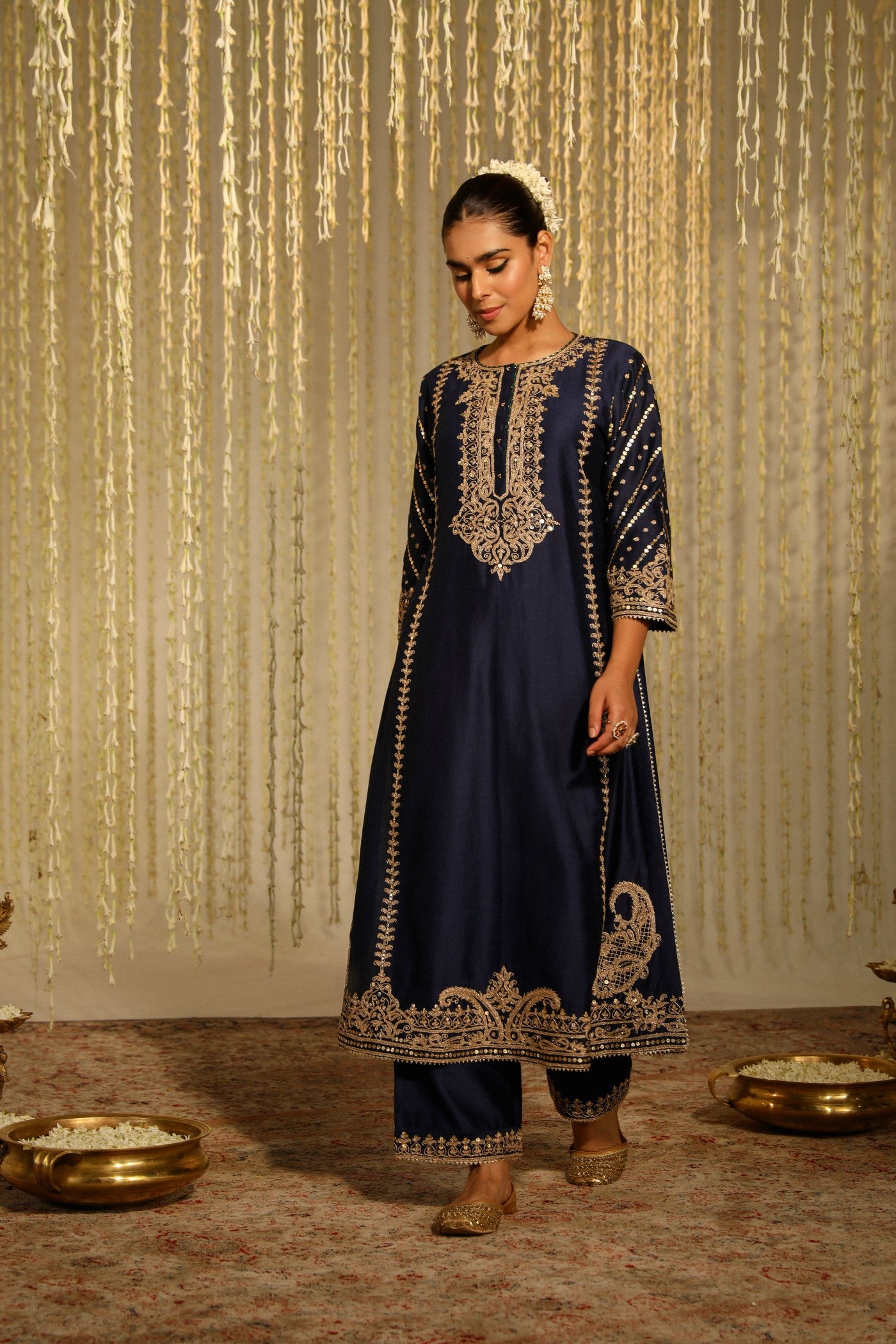 Anisha Sethi in Sabirah - Deep Blue Long Kurta With Palazzo And Dupatta