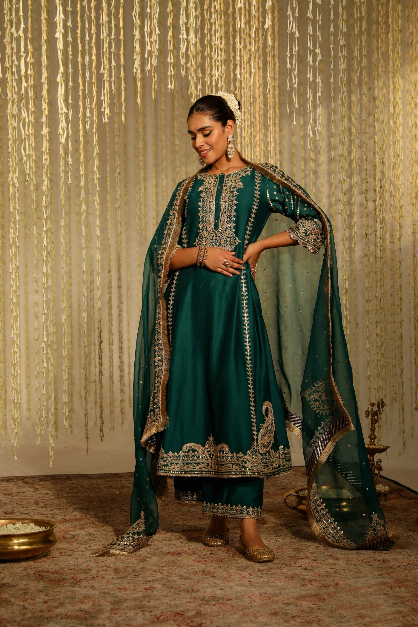SONAKSHI SINHA IN SABIRAH - EMERALD GREEN LONG KURTA WITH PALAZZO AND DUPATTA