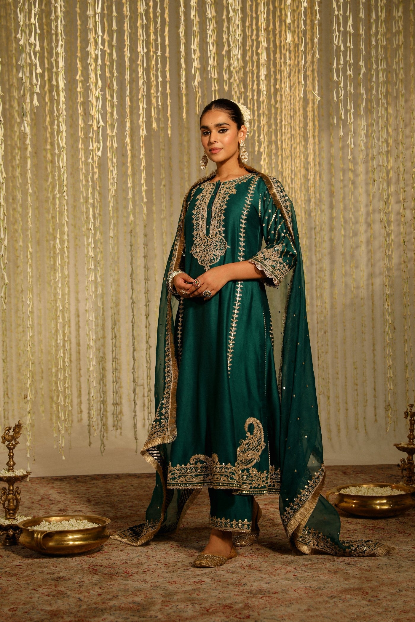 SONAKSHI SINHA IN SABIRAH - EMERALD GREEN LONG KURTA WITH PALAZZO AND DUPATTA