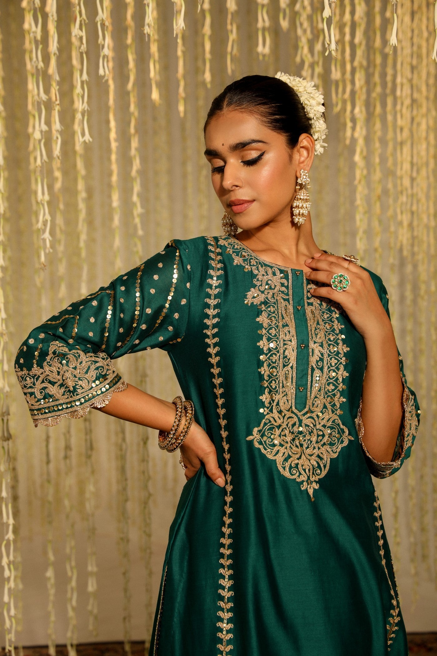 SONAKSHI SINHA IN SABIRAH - EMERALD GREEN LONG KURTA WITH PALAZZO AND DUPATTA