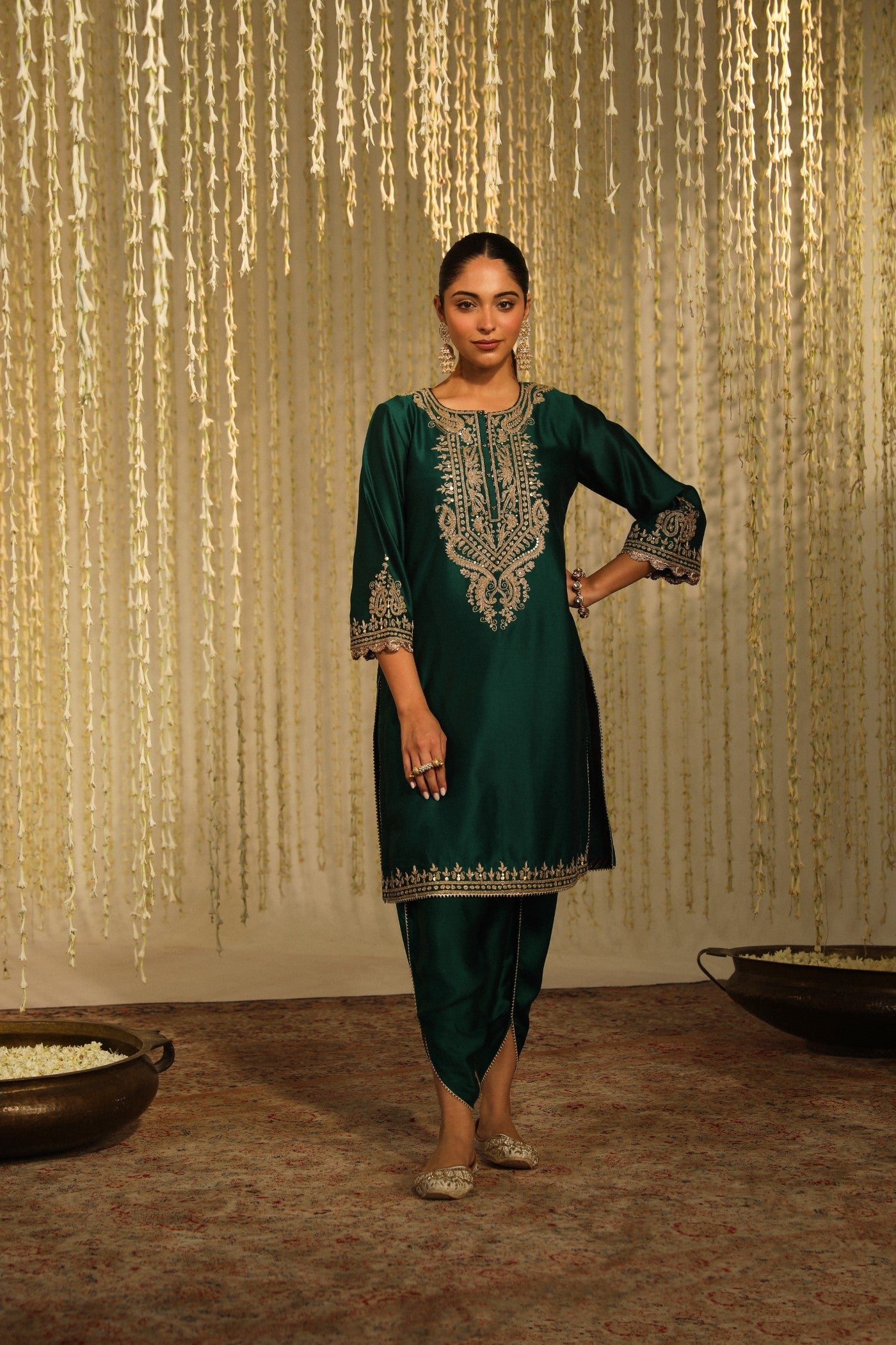 AMAYRA - EMERALD GREEN SHORT KURTA WITH DHOTI (LXRTS)