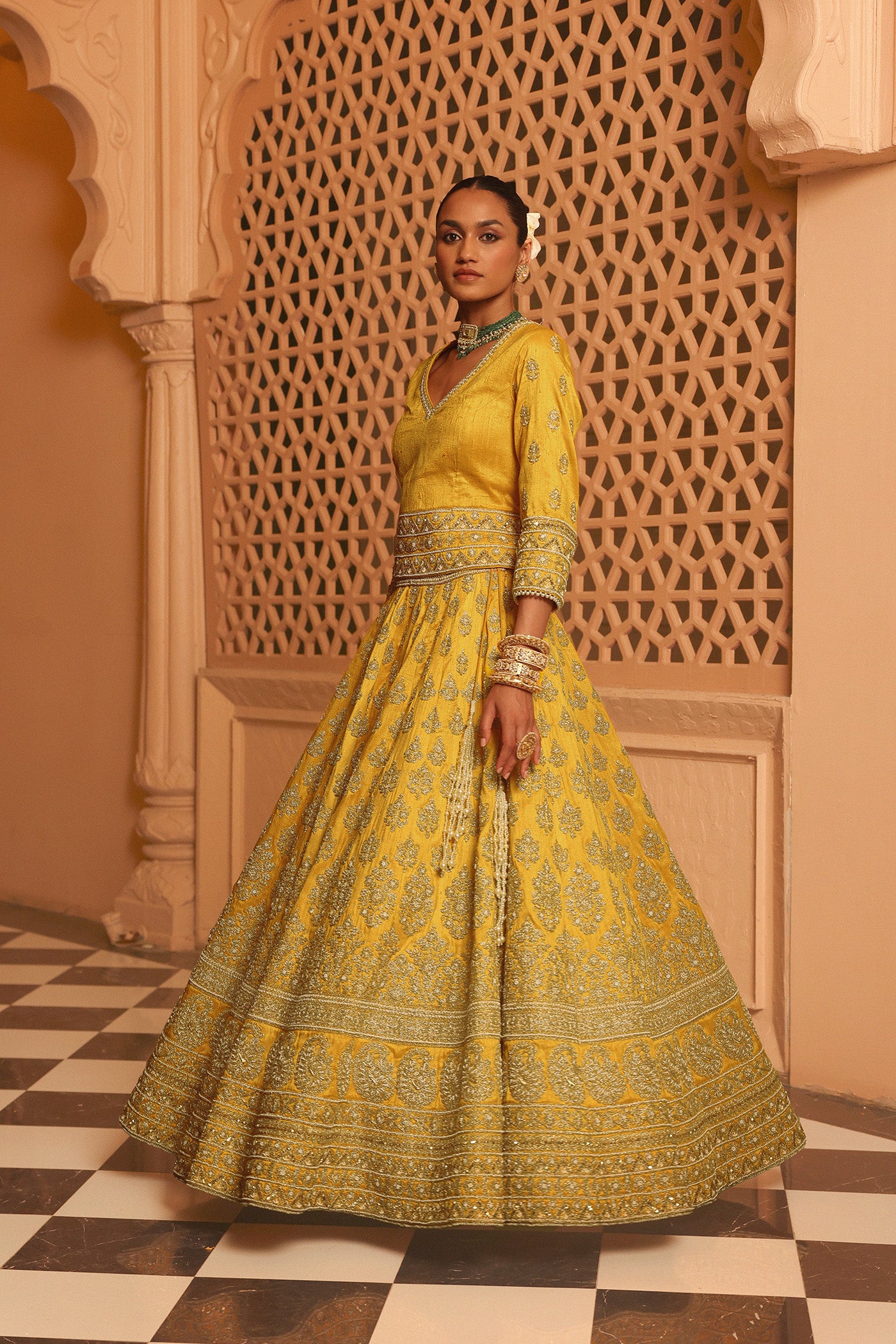 Noorali - Mustard Lehenga with Choli and Dupatta