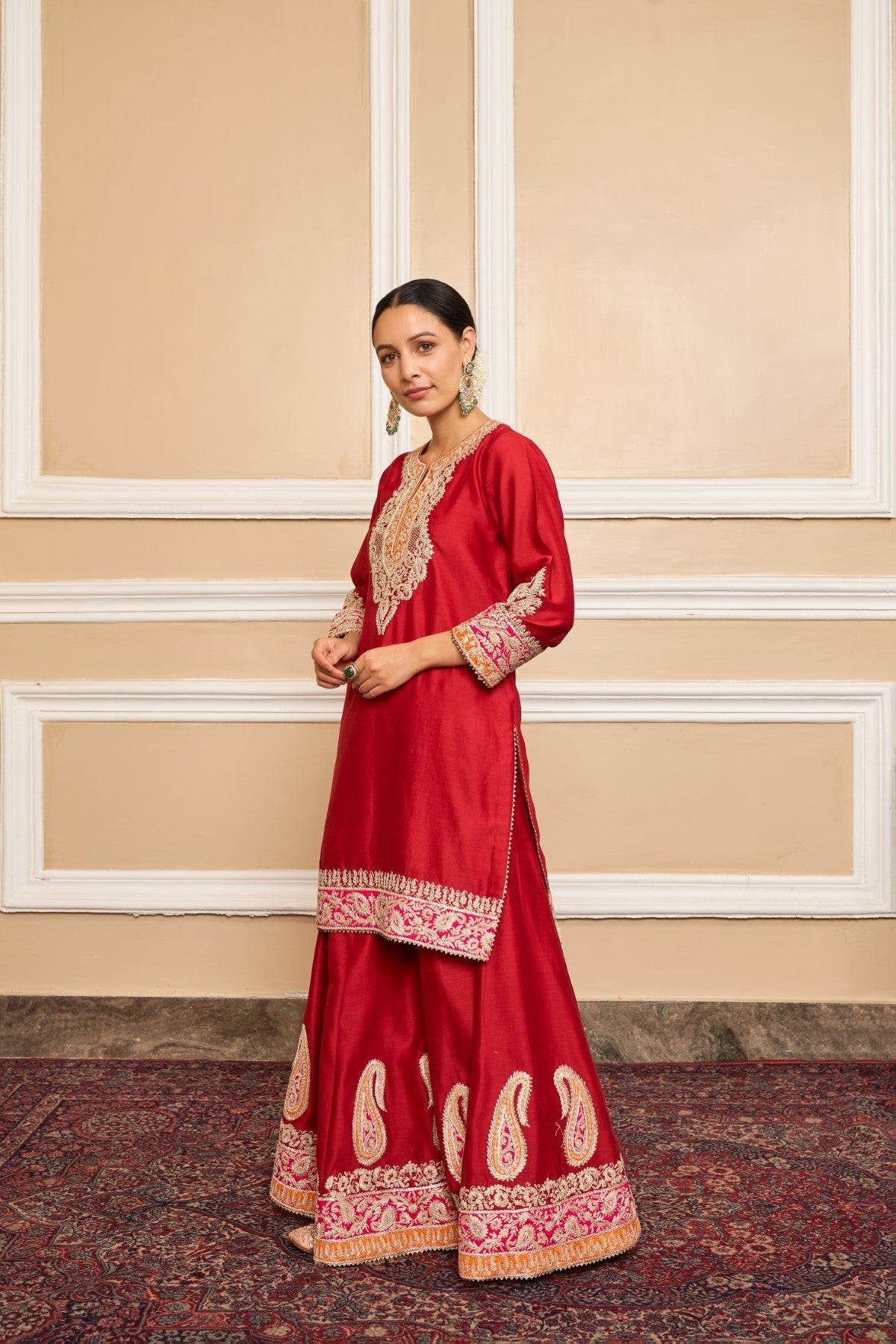 AMIRA - DEEP RED SHORT KURTA WITH SHARARA AND ODHNI (LXRTS)