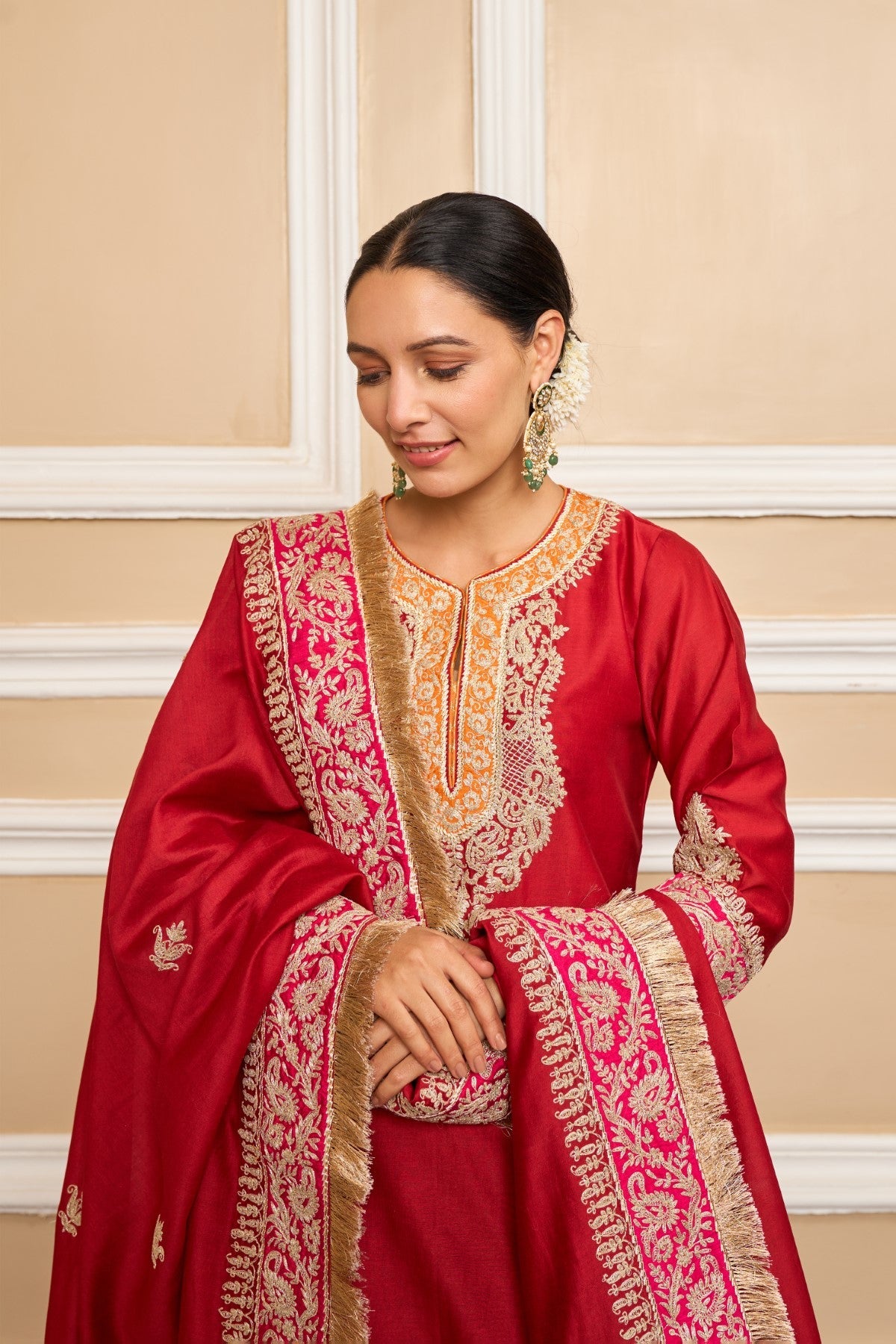 AMIRA - DEEP RED SHORT KURTA WITH SHARARA AND ODHNI (LXRTS)