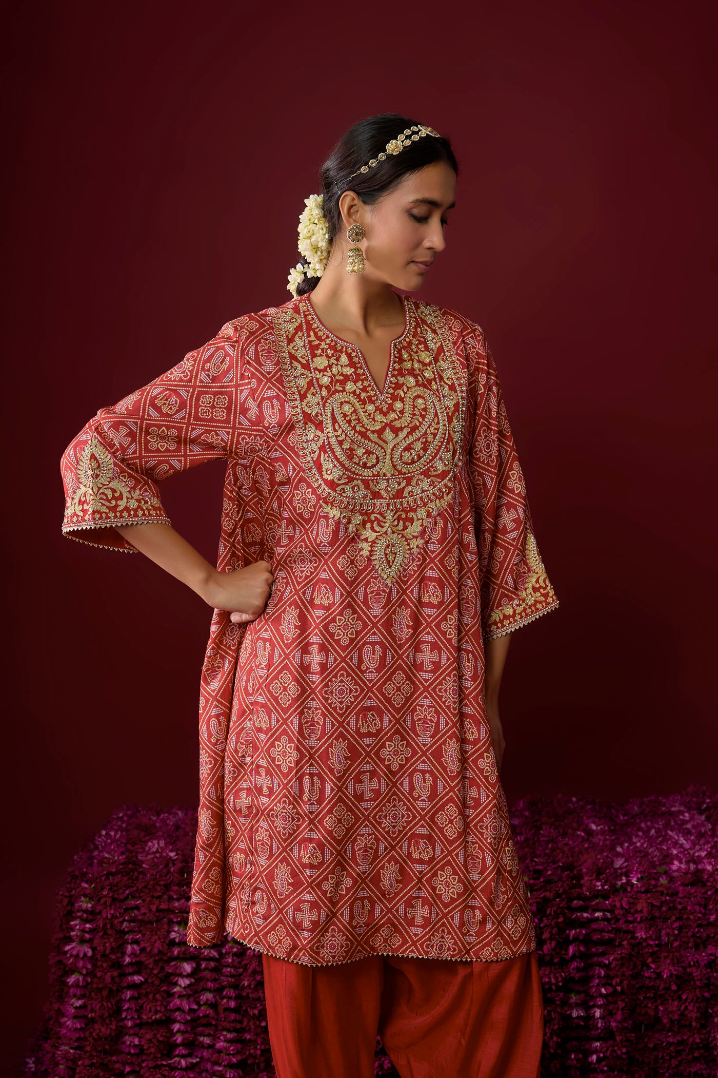Rasha - Deep Red Short Chauga With Salwar