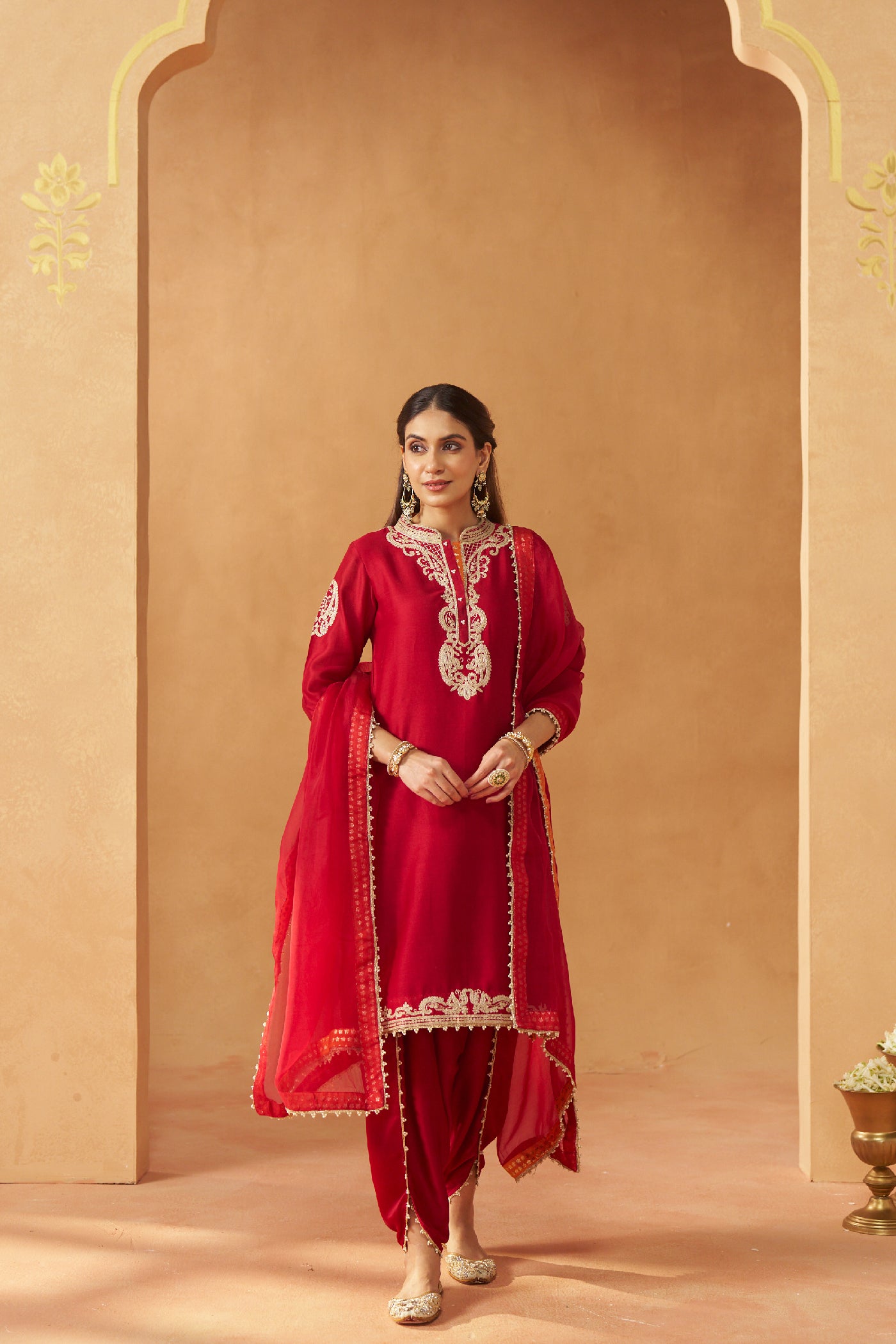 Aabisah- Deep Red Embroidered Kurta With Dhoti