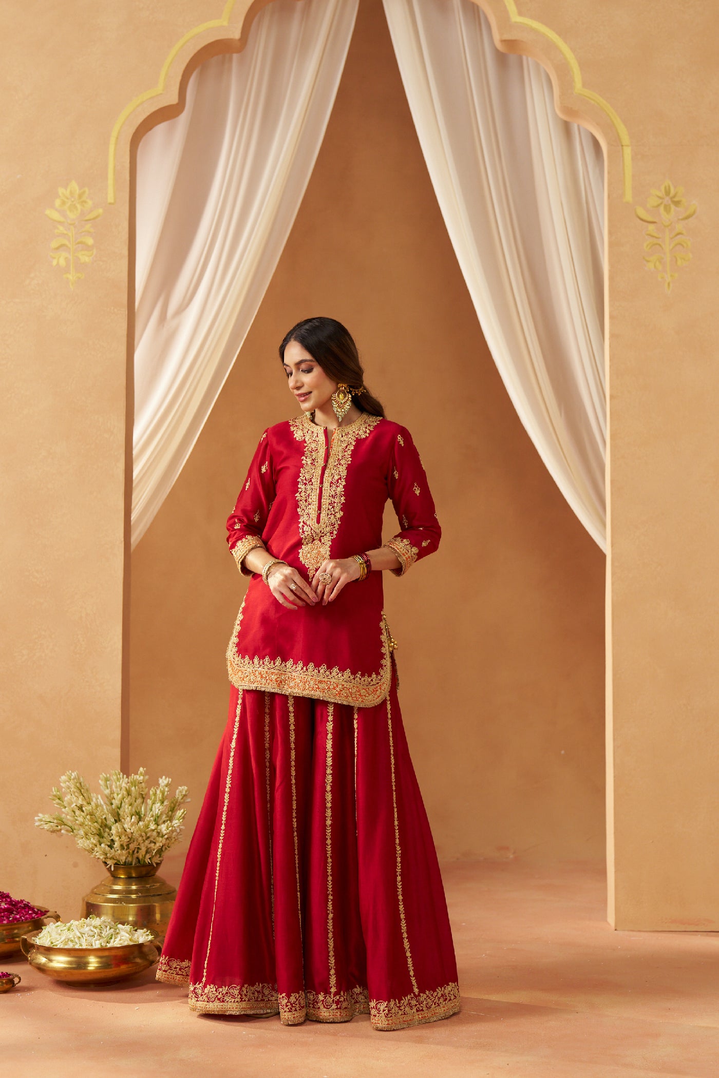 Fadiya Deep Red Kurta with Sharara and Dupatta