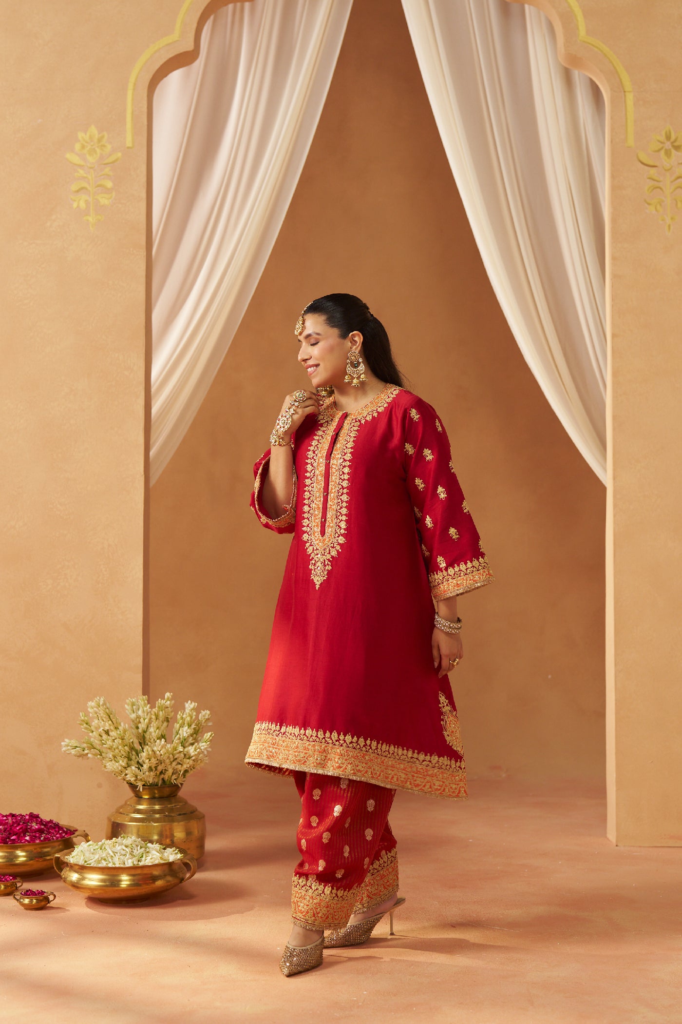 Zeenal Deep Red A-Line Kaaftan with Salwar