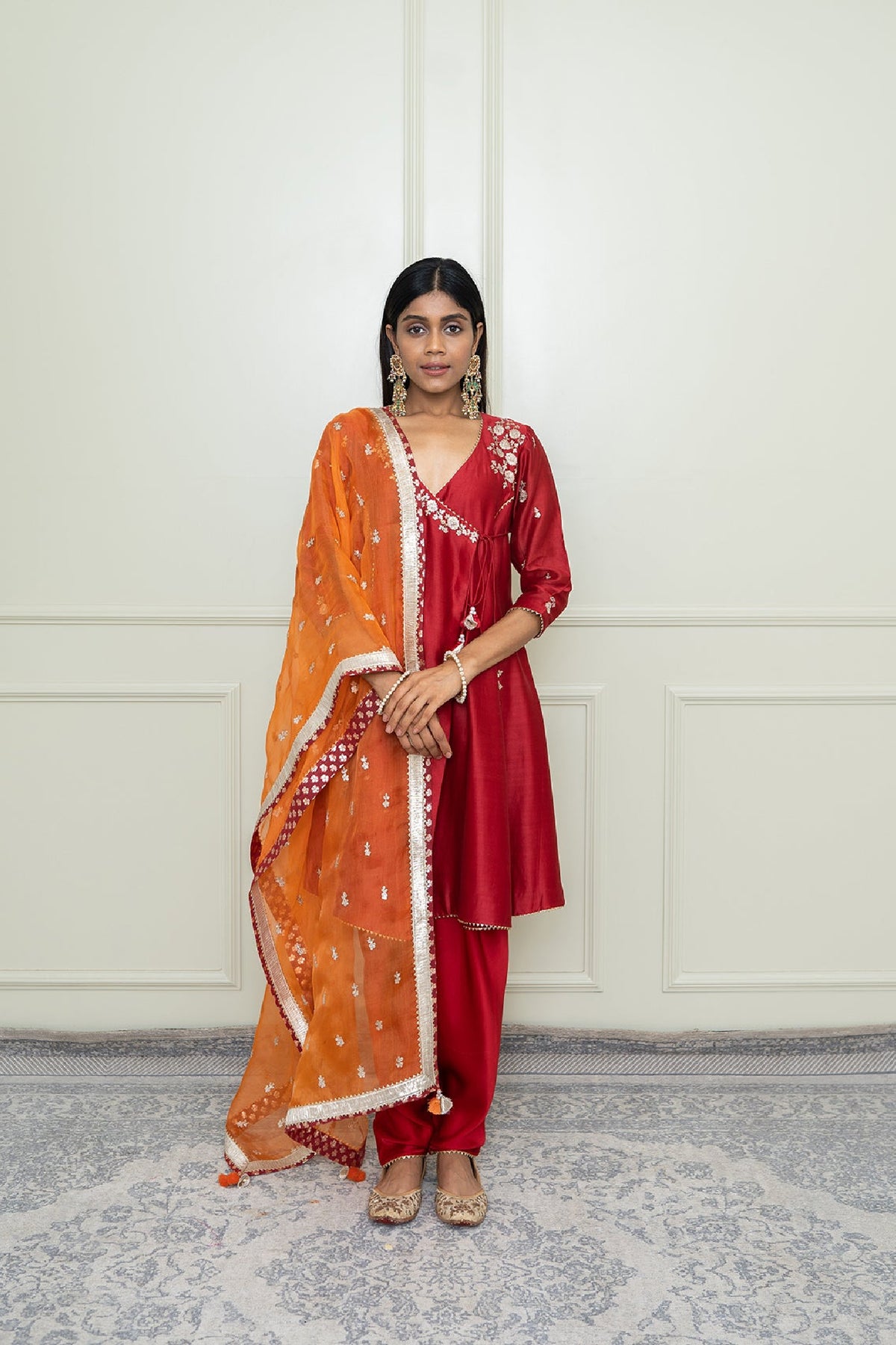 Shafira-Scarlet Red Tilla Embroidered Angrakha Kurta Set