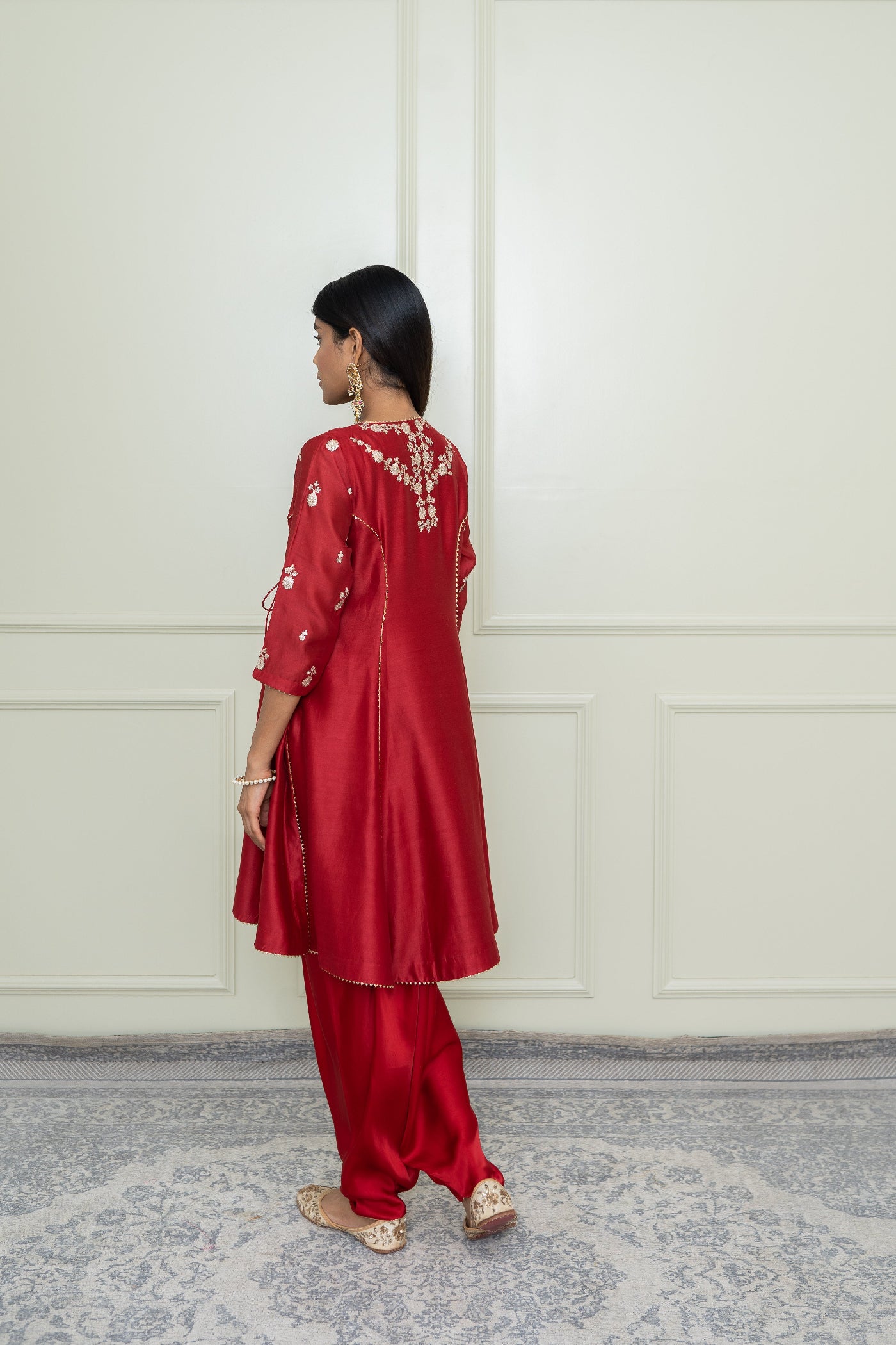 Shafira-Scarlet Red Tilla Embroidered Angrakha Kurta Set