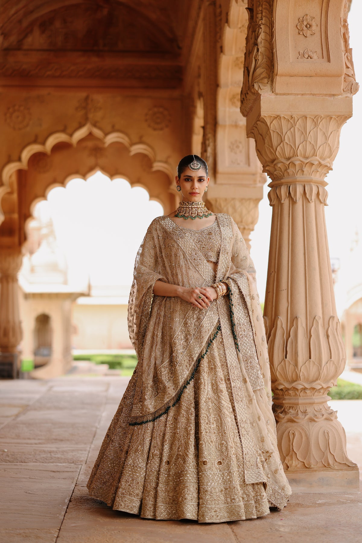 Afreen - Gold Tissue Lehenga Set with Blouse & Silk Organza Dupattas
