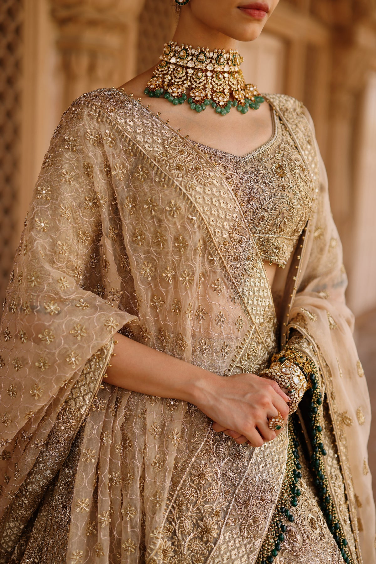 Afreen - Gold Tissue Lehenga Set with Blouse & Silk Organza Dupattas