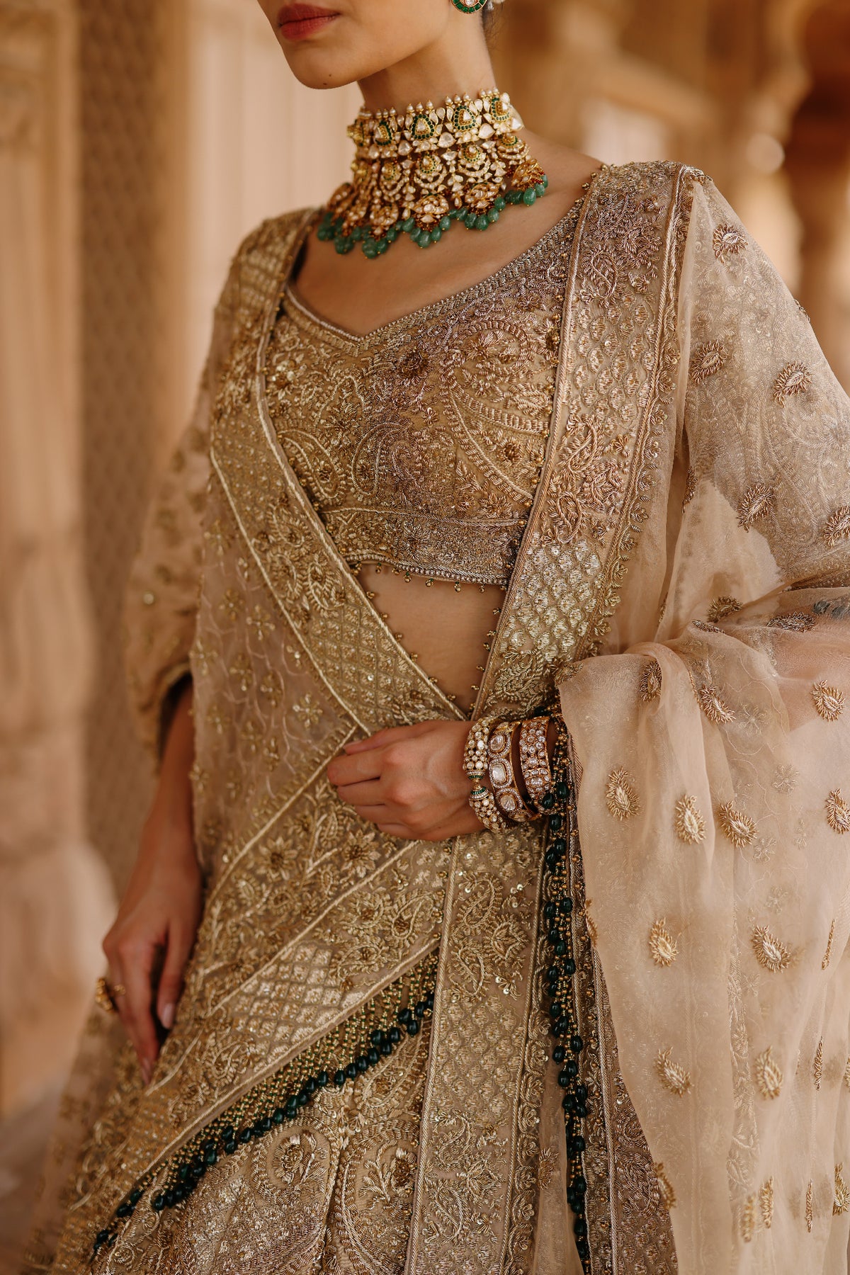Afreen - Gold Tissue Lehenga Set with Blouse & Silk Organza Dupattas