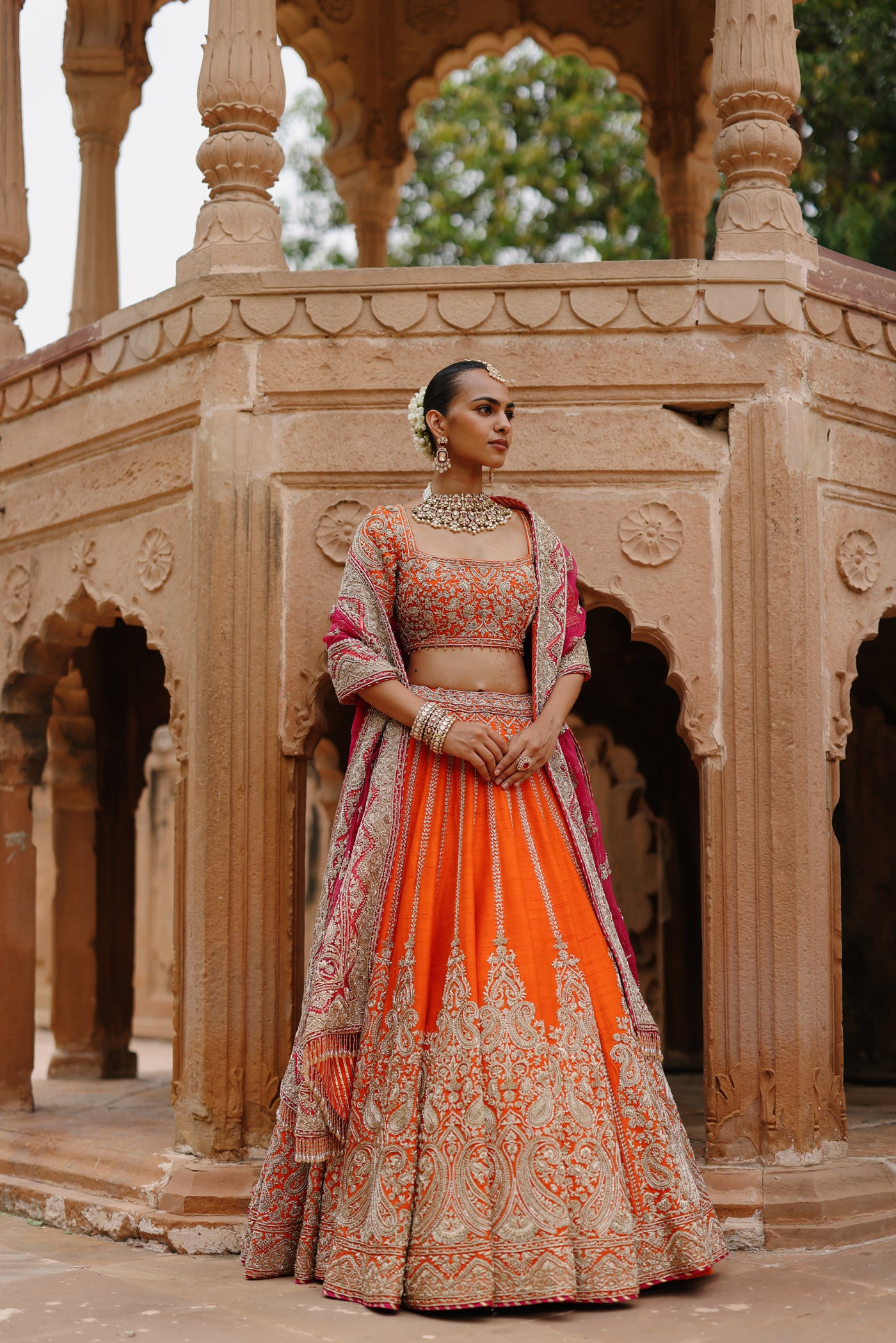 Nagma - Orange Lehenga Set with Blouse & Rani Hot Pink Dupatta