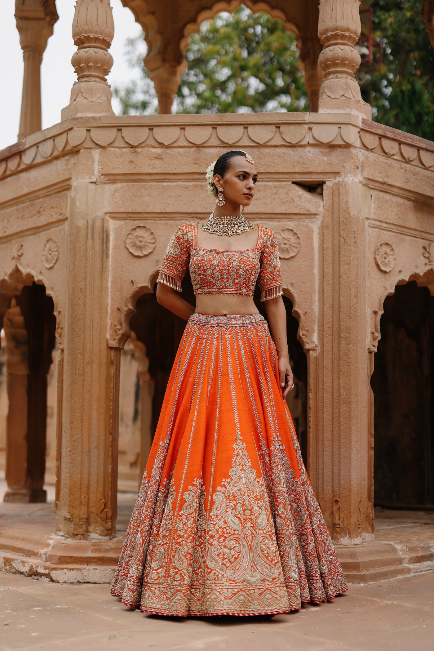 Nagma - Orange Lehenga Set with Blouse & Rani Hot Pink Dupatta