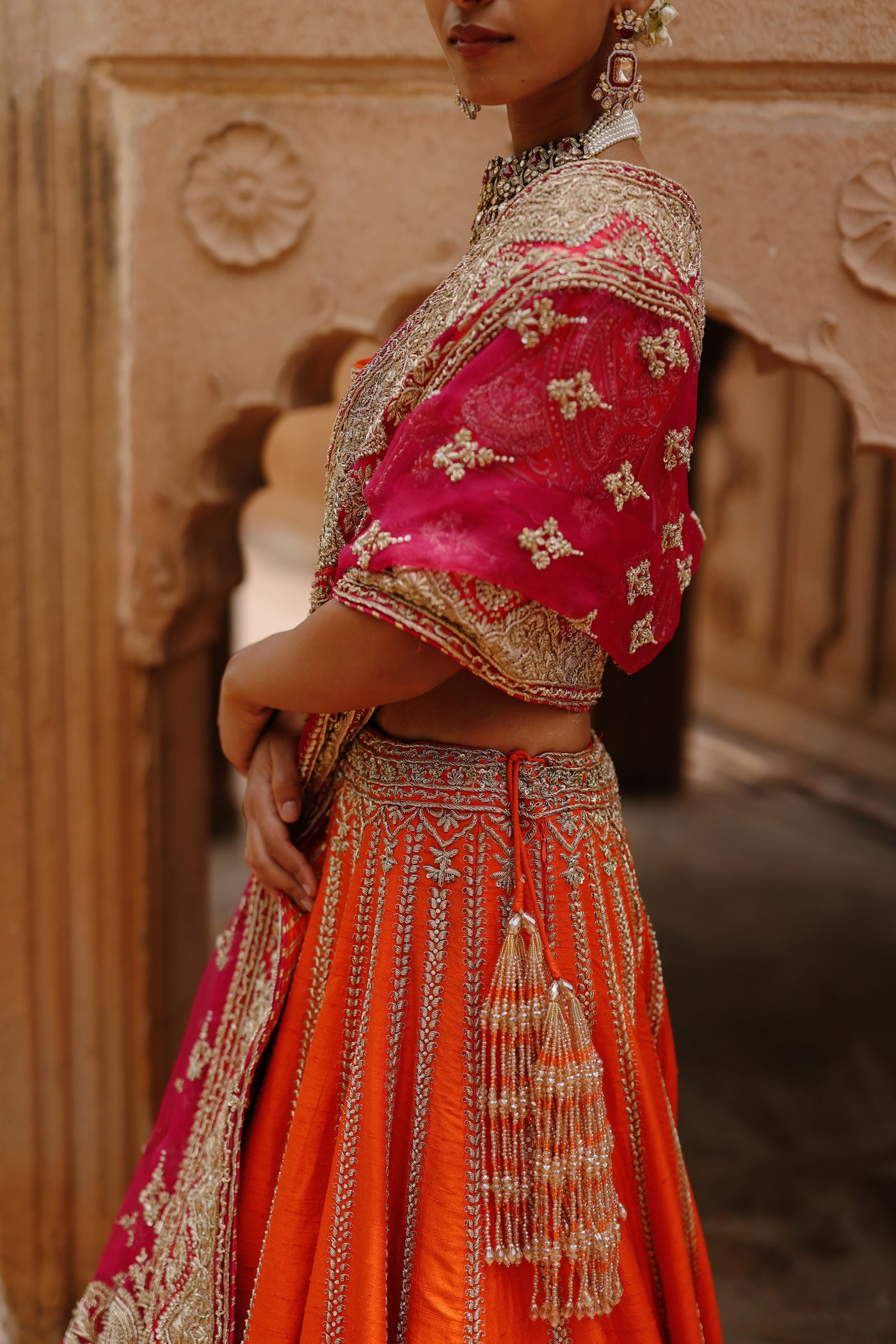Nagma - Orange Lehenga Set with Blouse & Rani Hot Pink Dupatta