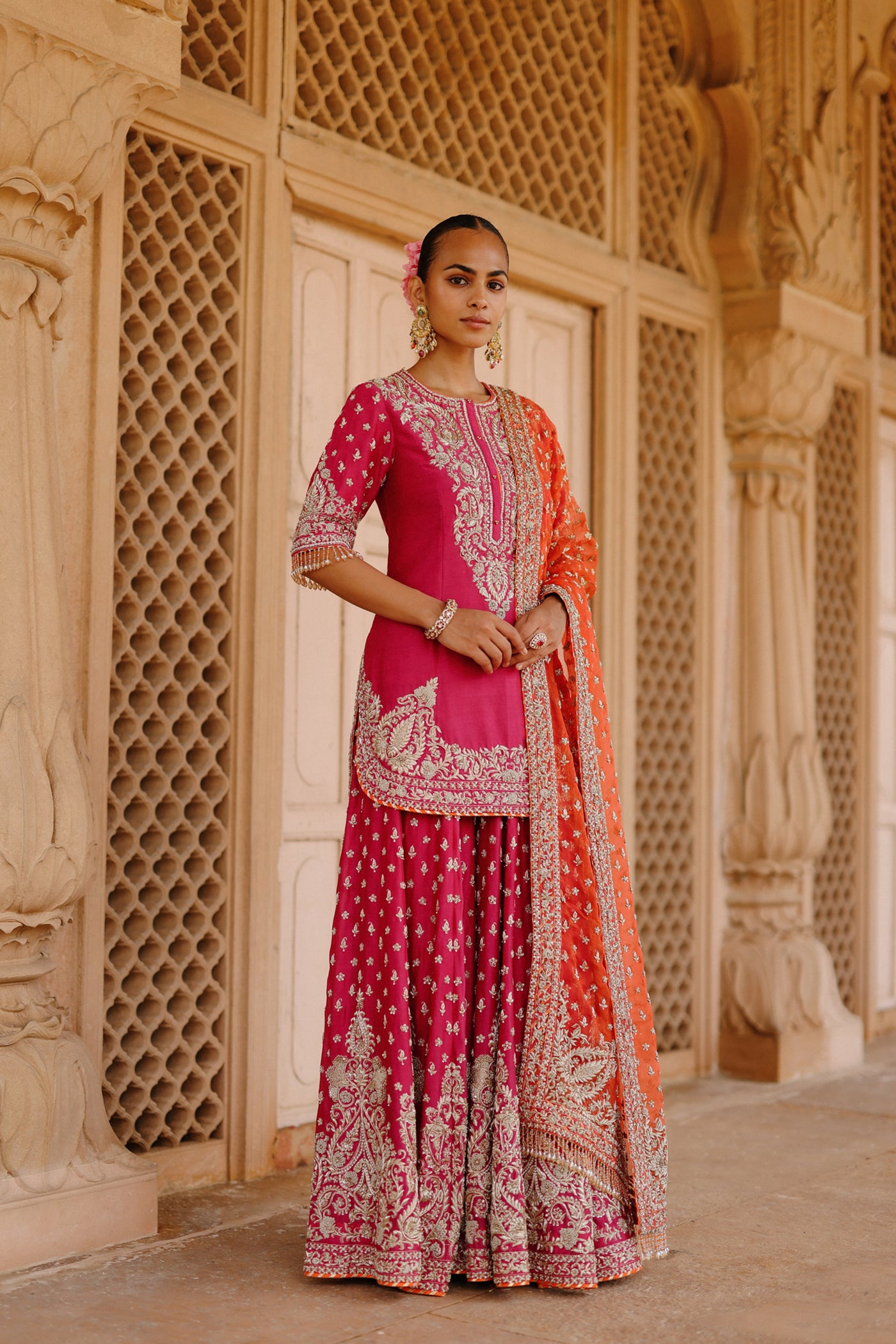 Maysam - Rani Hot Pink Kurta Set with Sharara & Dupatta