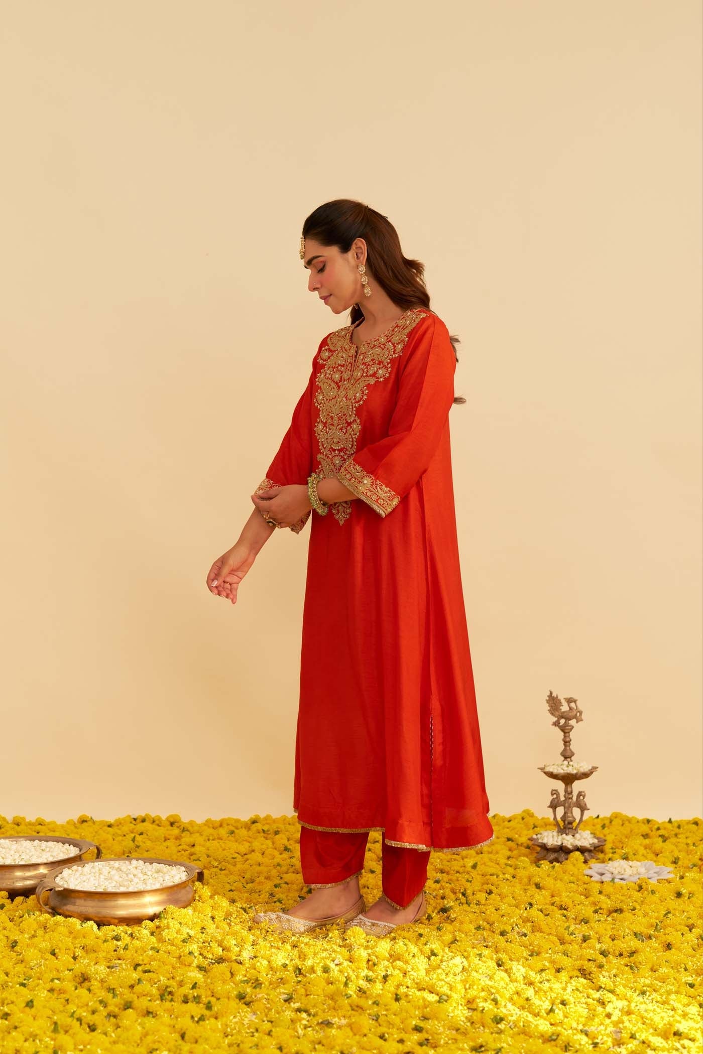 HIBA - BURNT ORANGE LONG KAFTAN WITH SALWAR AND DUPATTA (Lxrts)