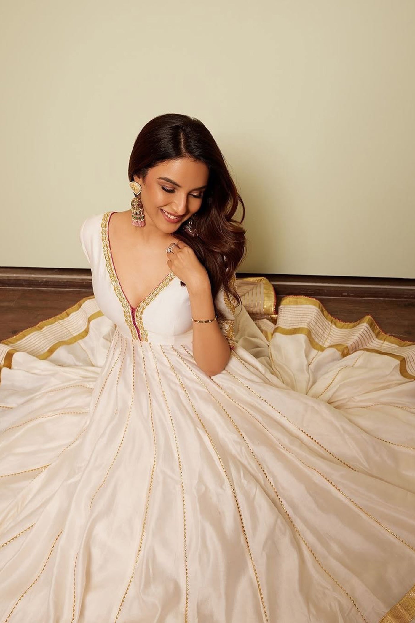 Jasmin Bhasin In Shaiz - Daisy Ivory Hand Embroidered Anarkali with Skirt and Dupatta