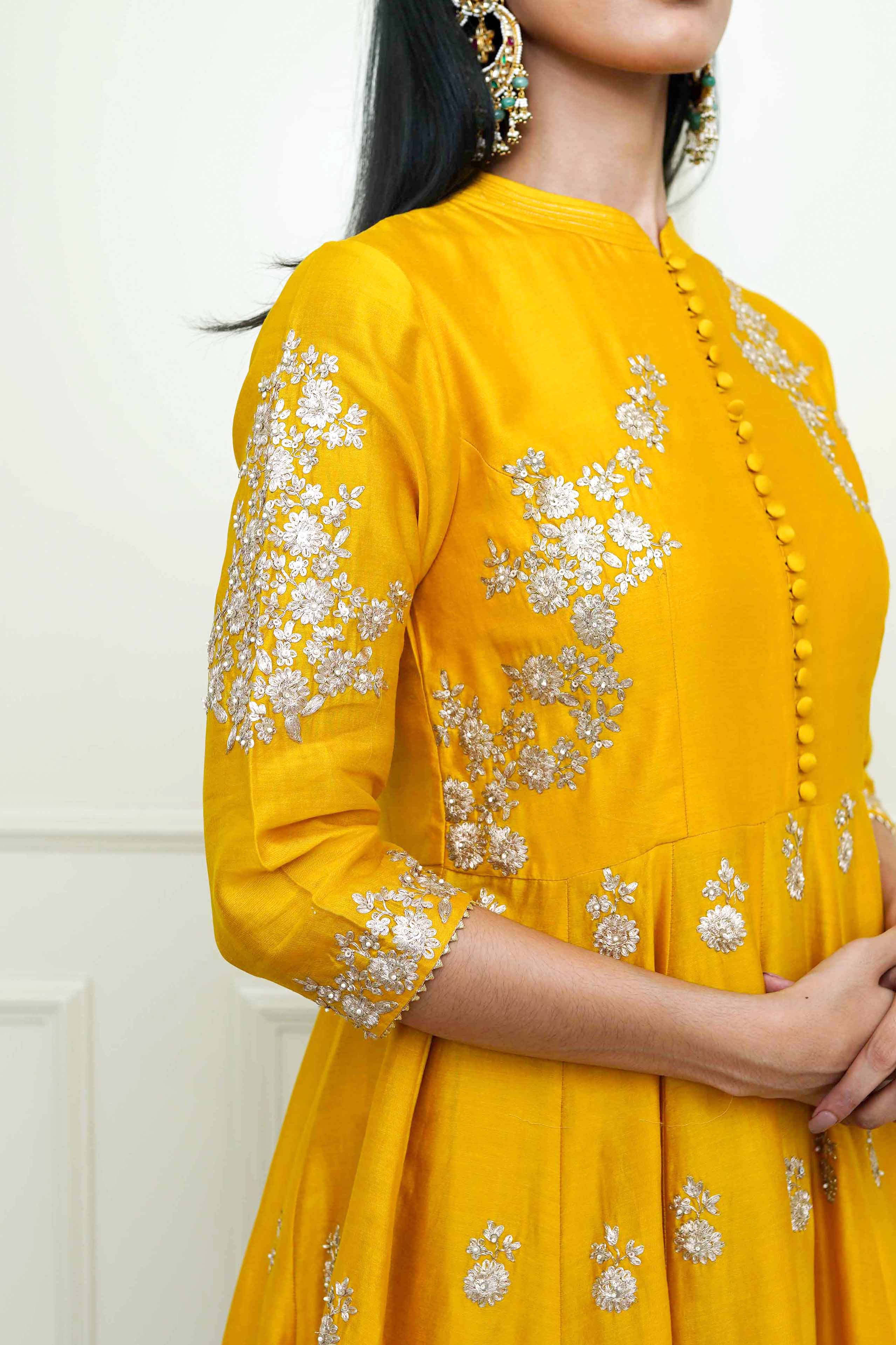Taveshi-Glaze Mustard Pearl Embroidered Anarkali Set