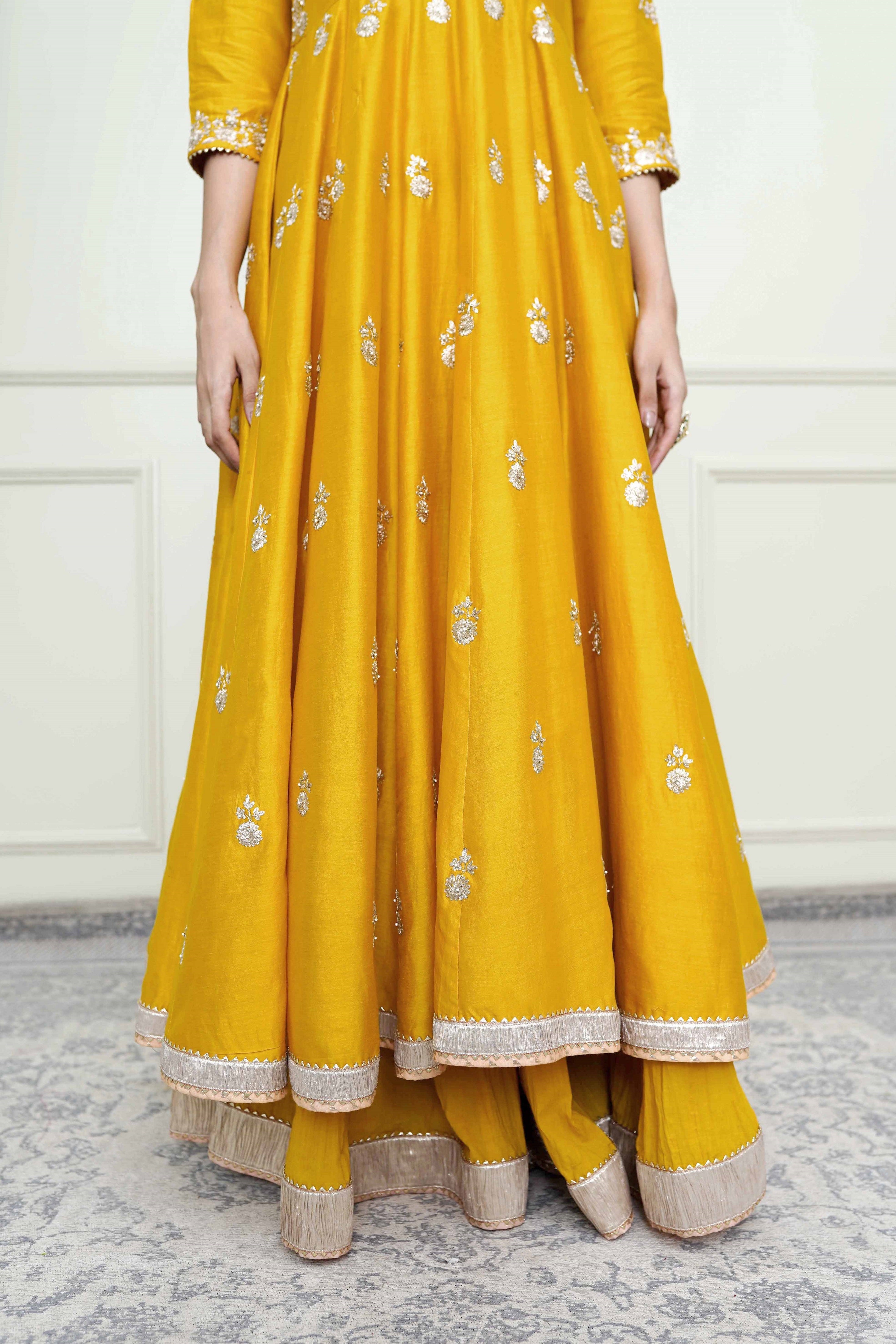 Taveshi-Glaze Mustard Pearl Embroidered Anarkali Set