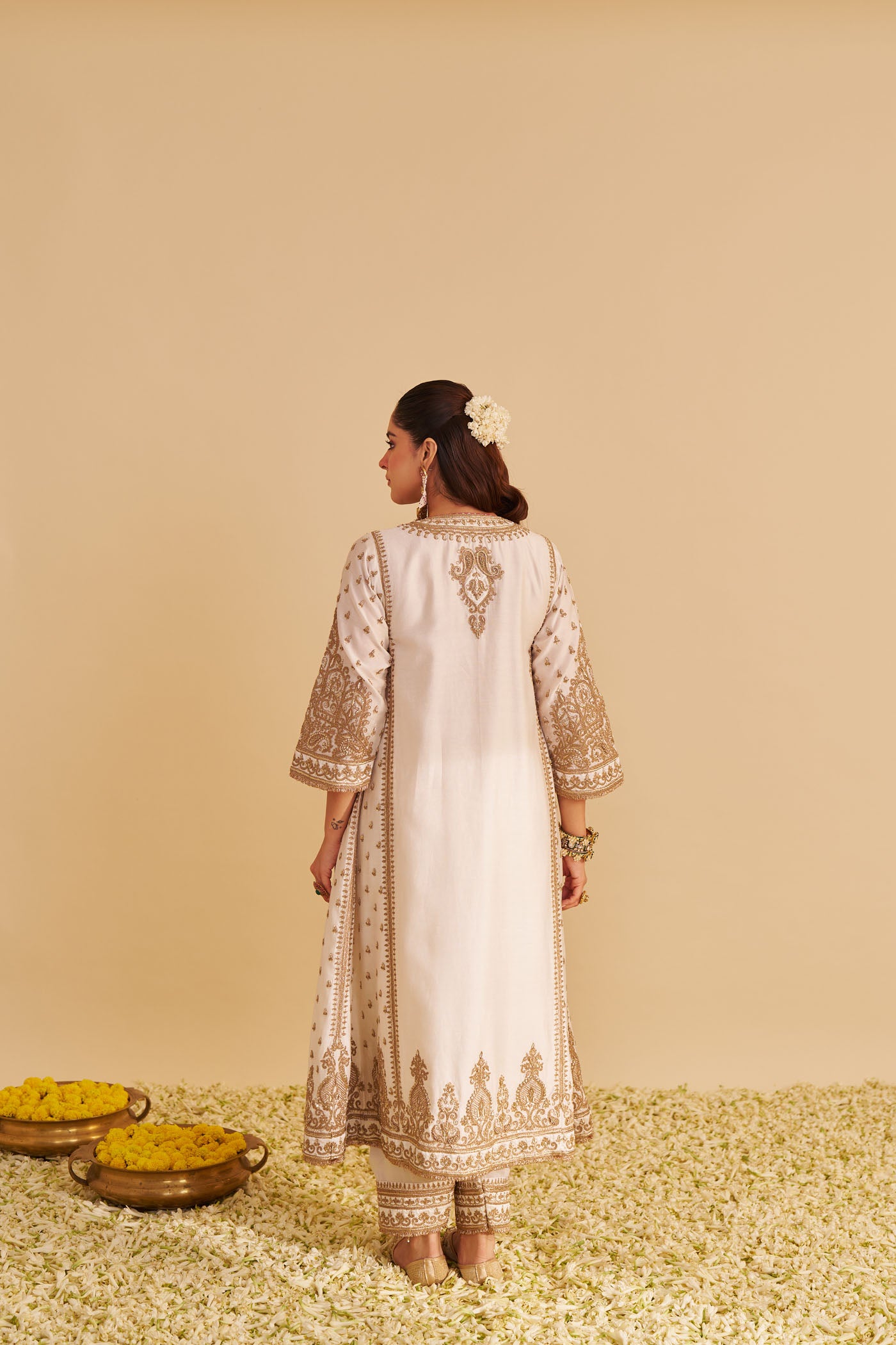 Zoya - Dabka Zardozi Embroidered Rich Banarasi Kalidaar Daisy Ivory Long Chauga Set
