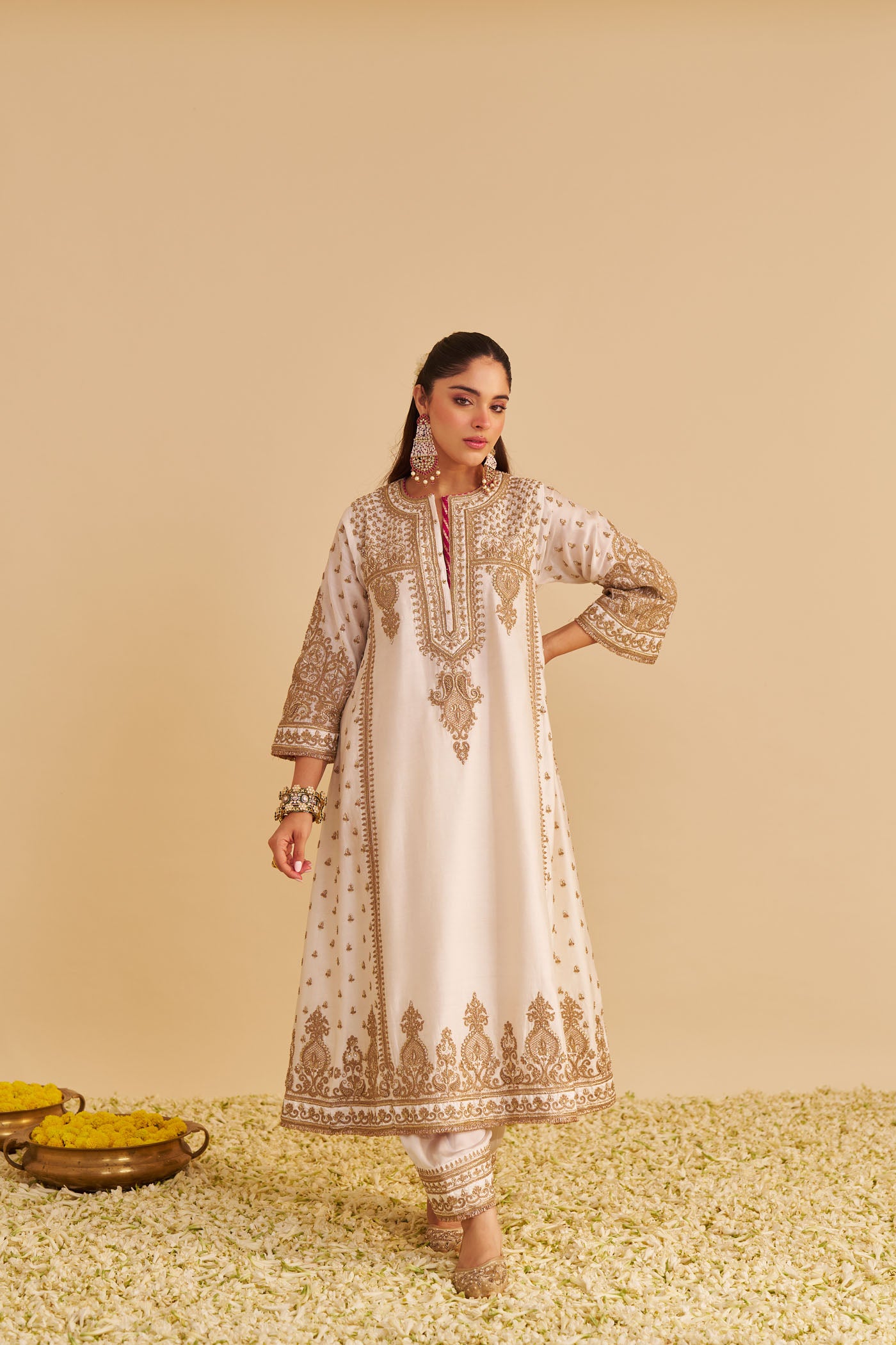 Zoya - Dabka Zardozi Embroidered Rich Banarasi Kalidaar Daisy Ivory Long Chauga Set