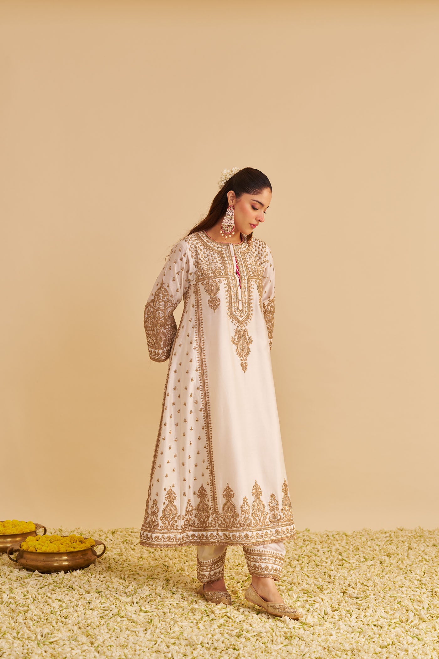 Zoya - Dabka Zardozi Embroidered Rich Banarasi Kalidaar Daisy Ivory Long Chauga Set