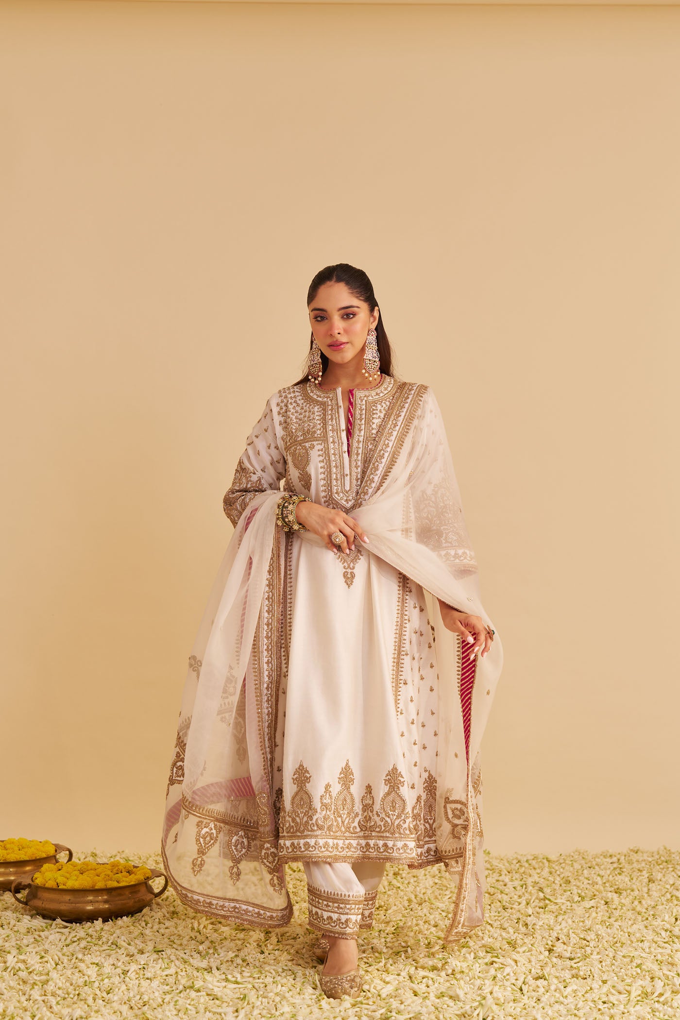 Zoya - Dabka Zardozi Embroidered Rich Banarasi Kalidaar Daisy Ivory Long Chauga Set
