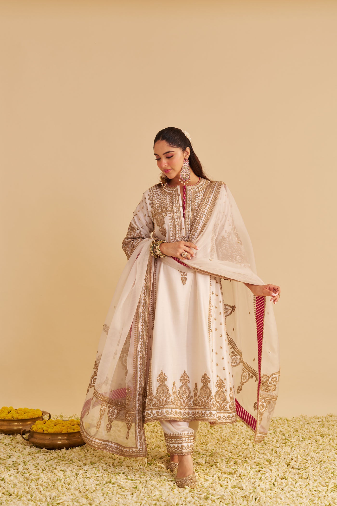 Zoya - Dabka Zardozi Embroidered Rich Banarasi Kalidaar Daisy Ivory Long Chauga Set