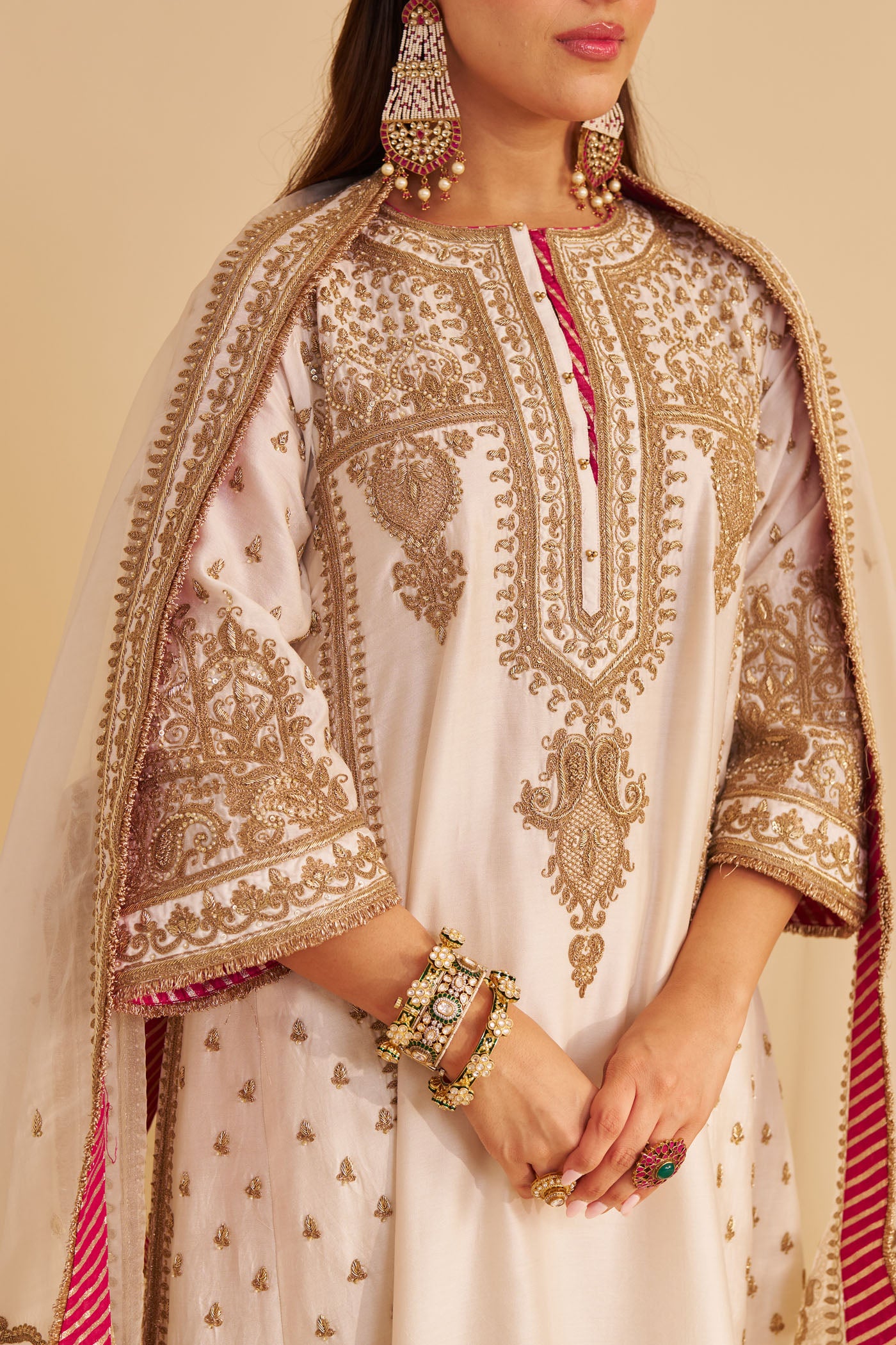 Zoya - Dabka Zardozi Embroidered Rich Banarasi Kalidaar Daisy Ivory Long Chauga Set