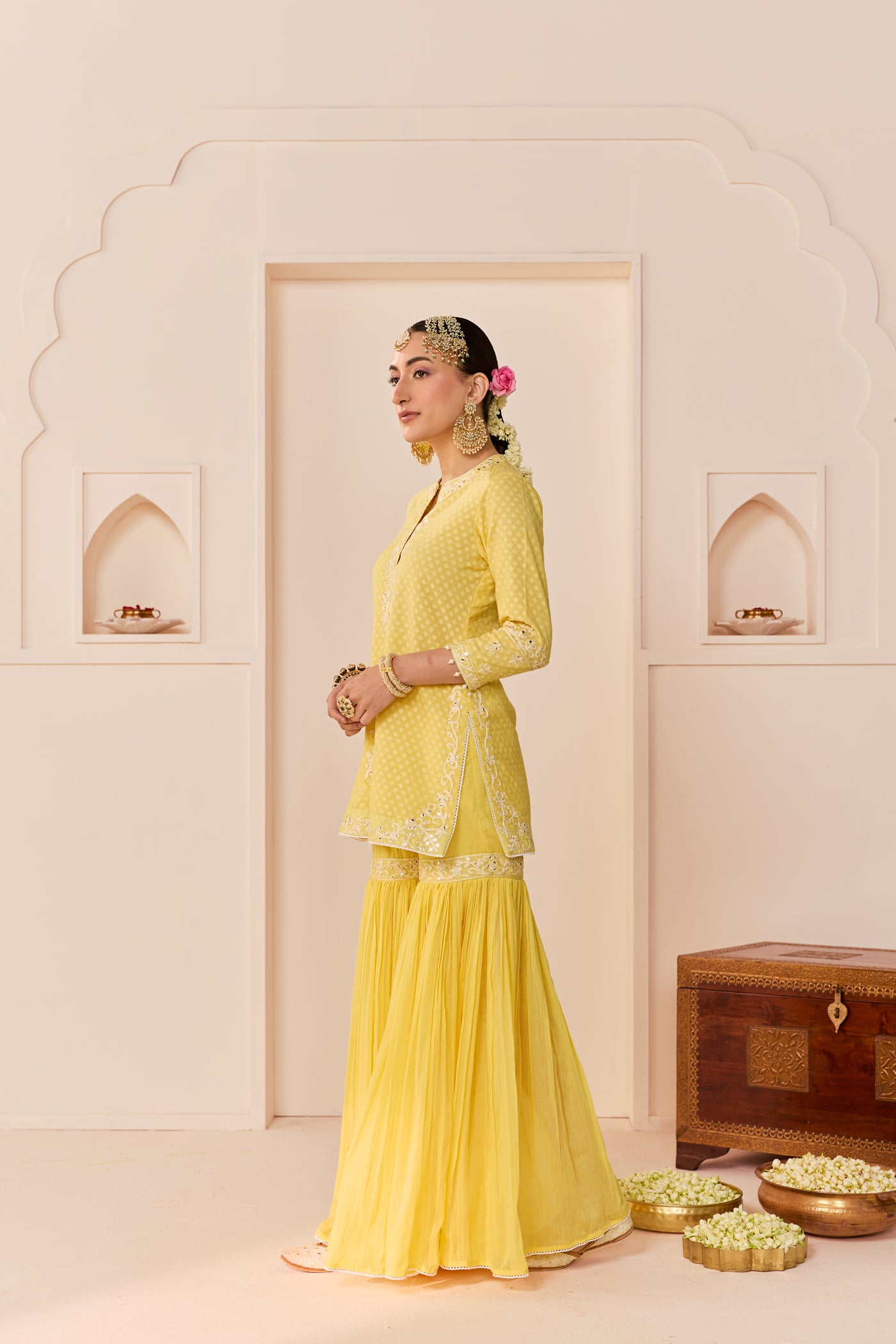 Yasneen - Lemon Yellow Short Kurta With Garara And Dupatta