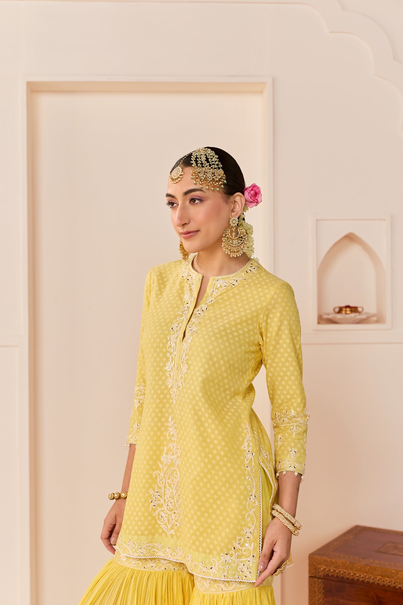 Yasneen - Lemon Yellow Short Kurta With Garara And Dupatta