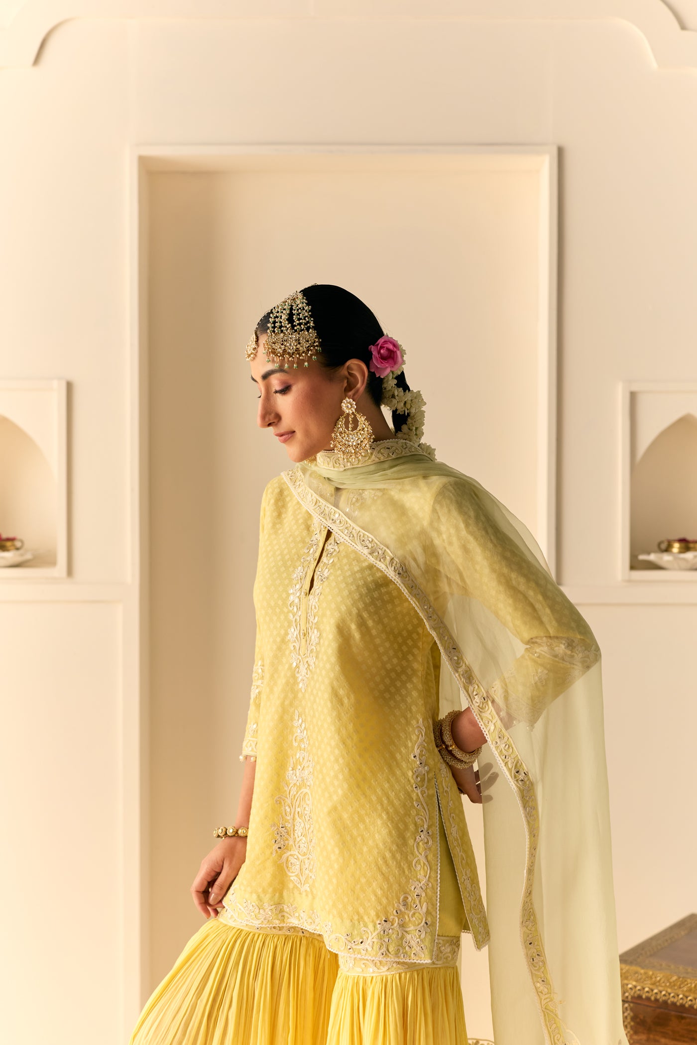 Yasneen - Lemon Yellow Short Kurta With Garara And Dupatta