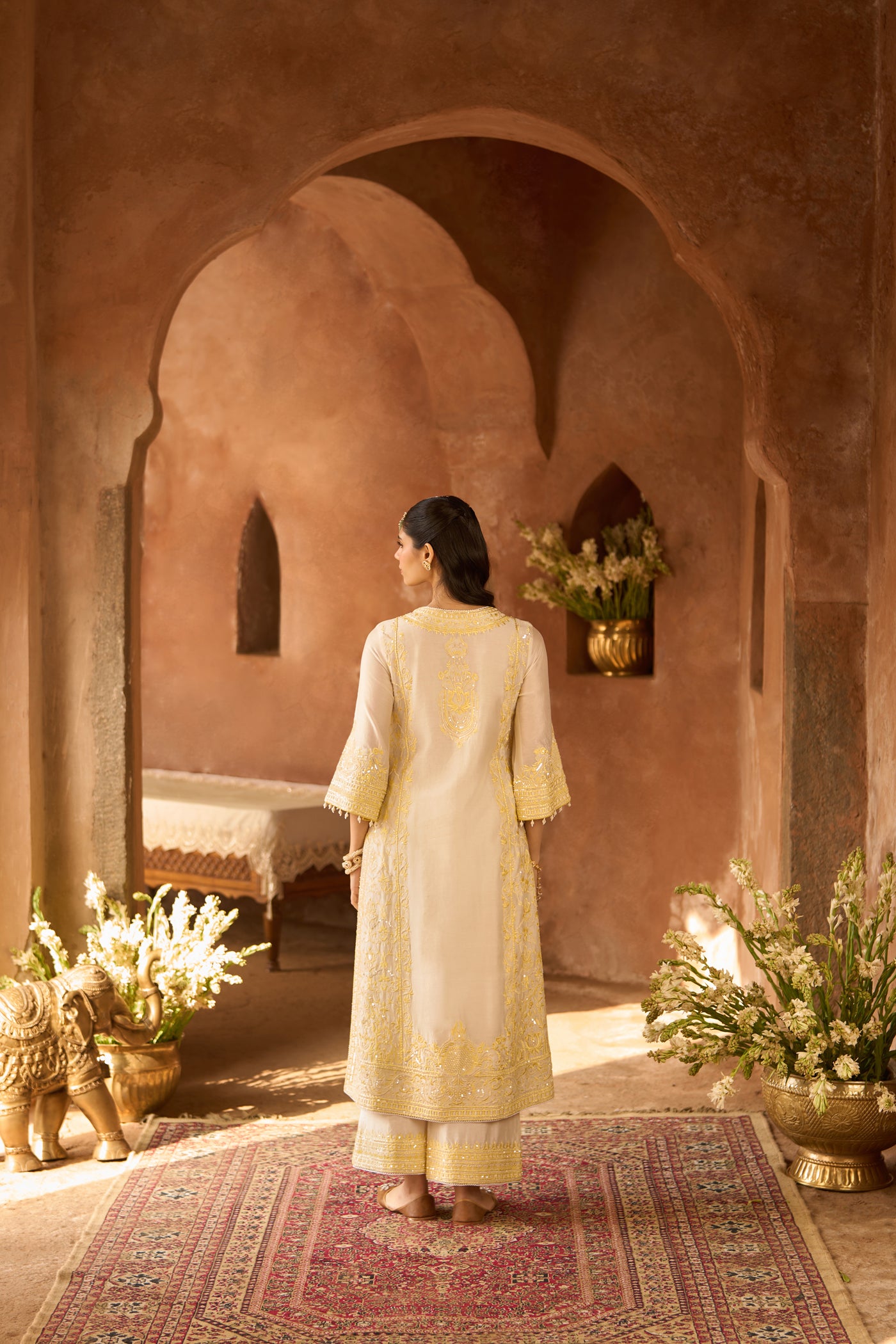 ENA - DAISY IVORY WITH LEMON YELLOW LONG A-LINE KURTA WITH PALAZZO AND DUPATTA