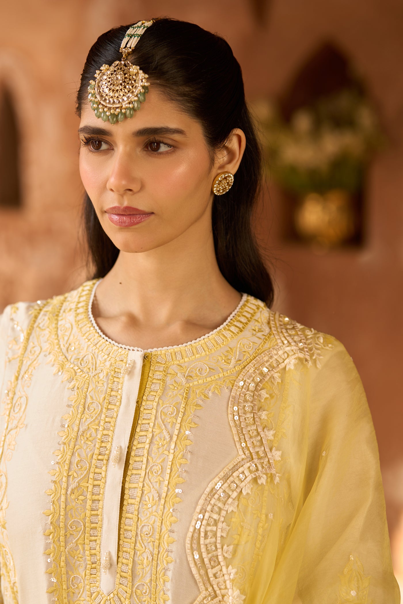 ENA - DAISY IVORY WITH LEMON YELLOW LONG A-LINE KURTA WITH PALAZZO AND DUPATTA