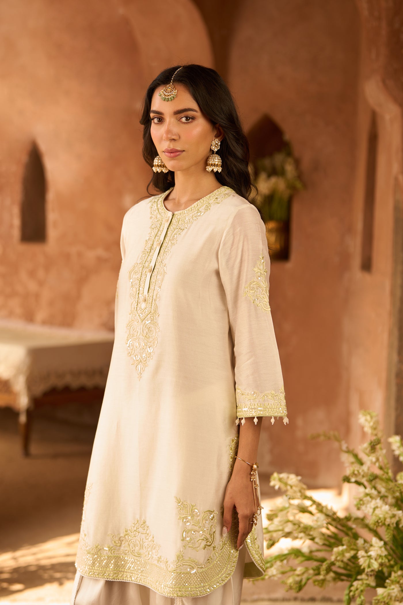 NYRA - DAISY IVORY WITH MINT GREEN SHORT KURTA AND DHOTI